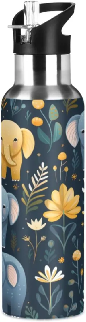 Cute Elephants Pattern Art Sport Water Bottle Insulated Stainless Steel Large Vacuum Flask Leak Proof Thermos with Straw for Travel(600ml/1000ml)