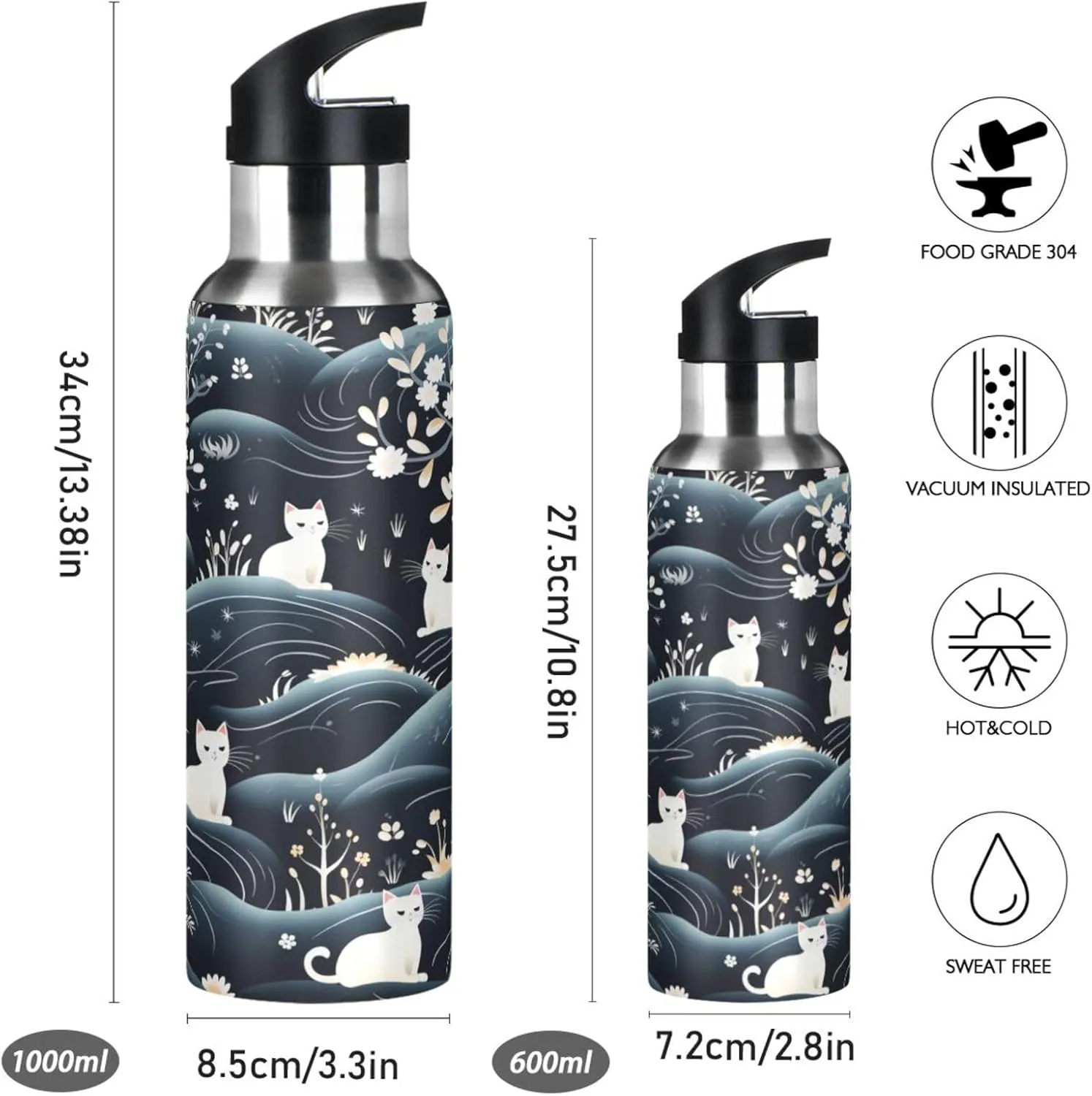Cute Seawave Cats Sport Water Bottle Insulated Stainless Steel Large Vacuum Flask Leak Proof Thermos with Straw for Travel(600ml/1000ml)