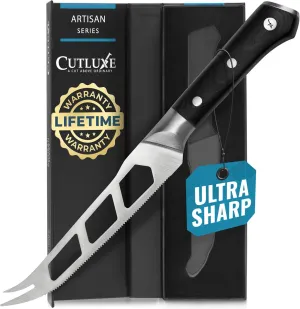 Cutluxe Cheese Knife – 5" Cheese Knife Slicer for Soft and Hard Cheese – Pronged, Serrated & Non Stick Blade – High Carbon German Steel, Full Tang & Ergonomic Handle Design – Artisan Series