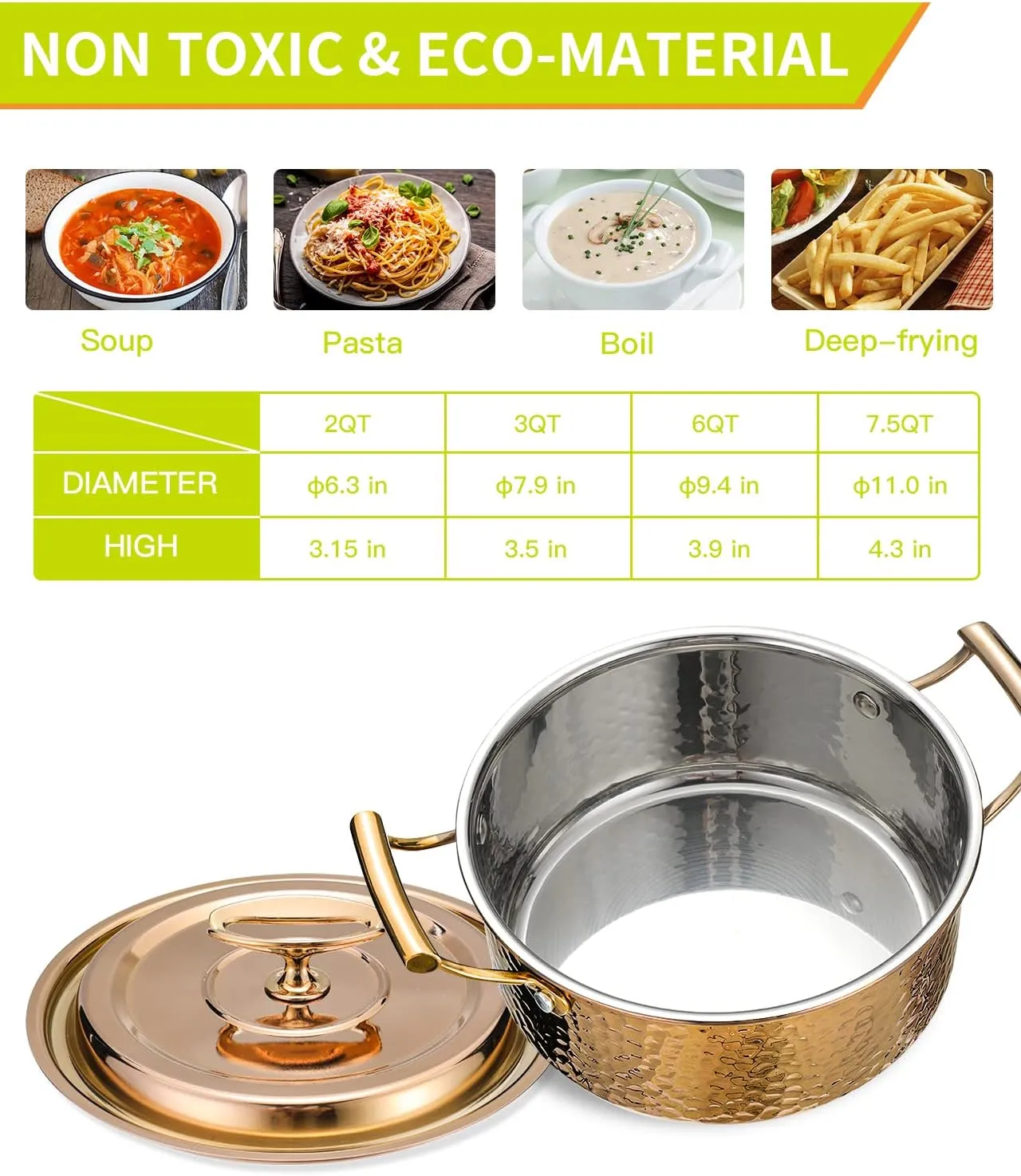 DAEDALUS Pro 7.5QT Stock Pot with Lid Hammered Copper Clad & 2.3mm Tri-Ply Core 3X Thicker Heavy Duty for Home or Restaurant Use Induction, Oven & Dishwasher Safe Rose Gold