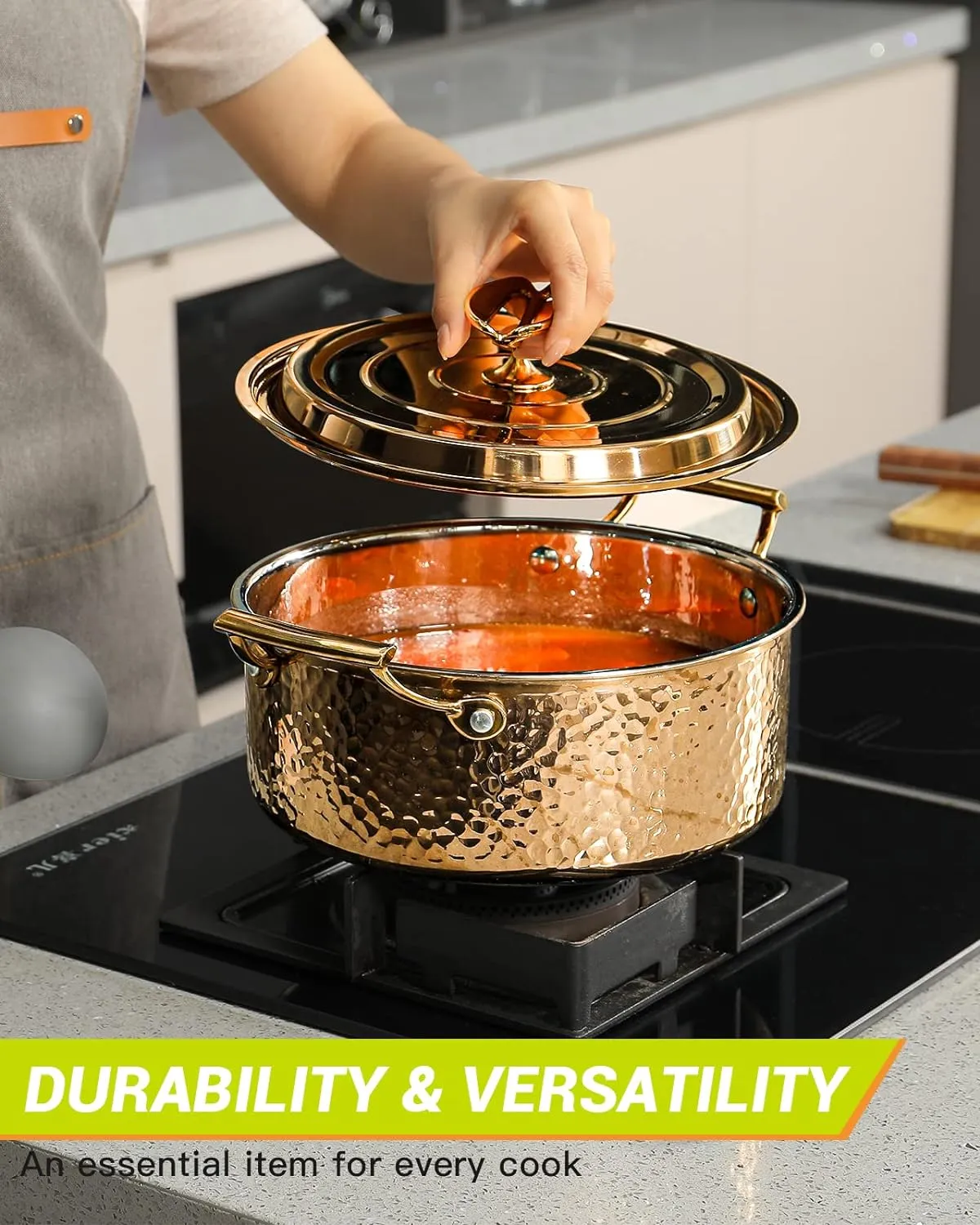 DAEDALUS Pro 7.5QT Stock Pot with Lid Hammered Copper Clad & 2.3mm Tri-Ply Core 3X Thicker Heavy Duty for Home or Restaurant Use Induction, Oven & Dishwasher Safe Rose Gold