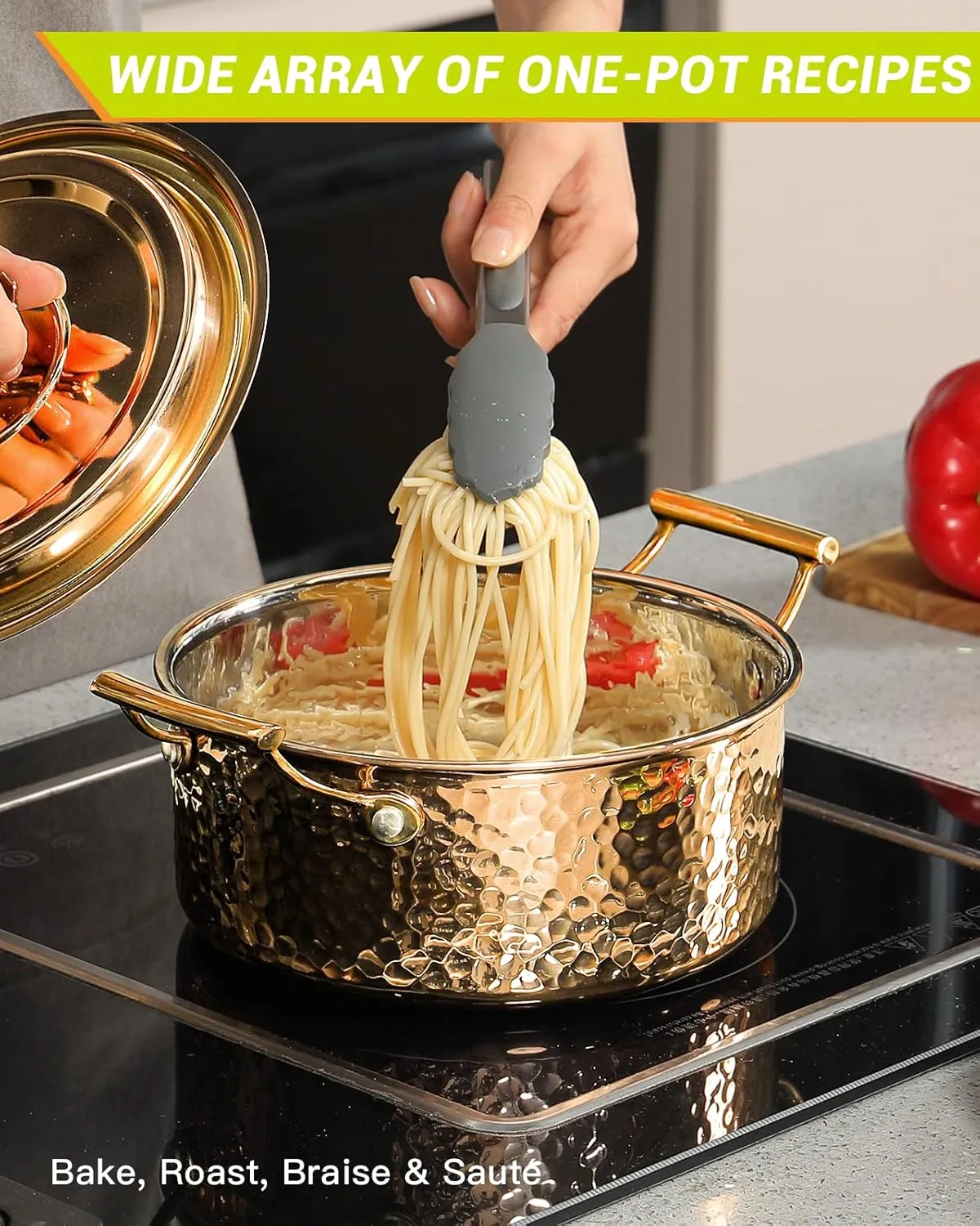 DAEDALUS Pro 7.5QT Stock Pot with Lid Hammered Copper Clad & 2.3mm Tri-Ply Core 3X Thicker Heavy Duty for Home or Restaurant Use Induction, Oven & Dishwasher Safe Rose Gold