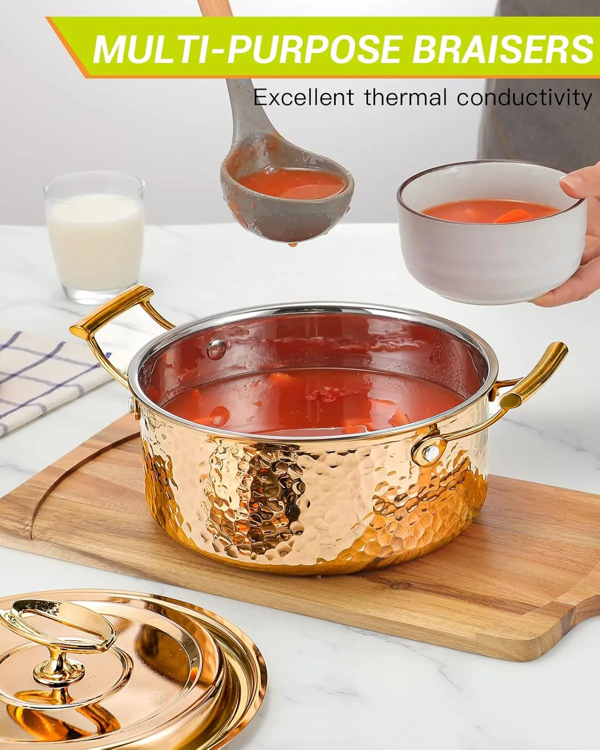 DAEDALUS Pro 7.5QT Stock Pot with Lid Hammered Copper Clad & 2.3mm Tri-Ply Core 3X Thicker Heavy Duty for Home or Restaurant Use Induction, Oven & Dishwasher Safe Rose Gold