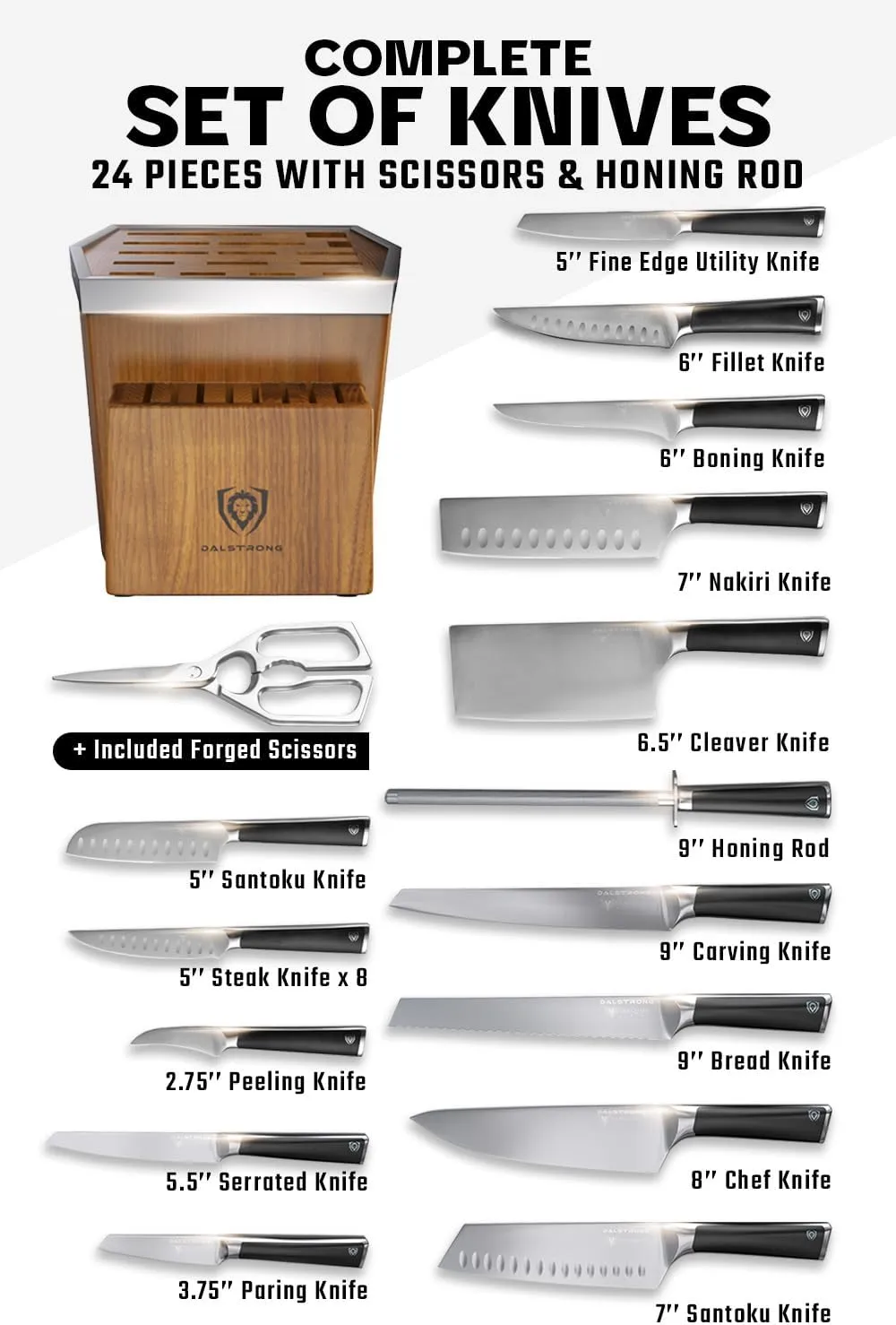 Dalstrong Vanquish Series-24pc Stainless Steel Knife Set with Block & Kitchen Scissors-Forged High Carbon German Steel-Knife Set w/POM Black Handle-NSF Certified-Men's Valentines Gift