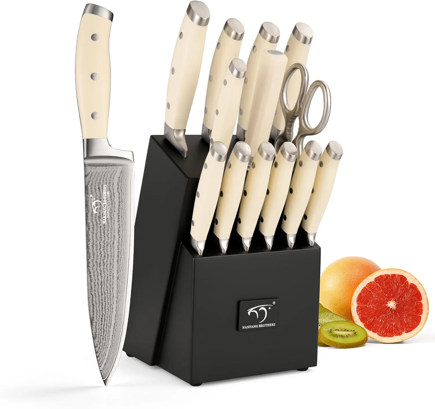 Damascus Kitchen Knife Set, 14 Pieces Kitchen Knife Set with Block, White ABS Ergonomic Handle for Chef Knife Set and Serrated Steak Knives Knife Sharpener and Kitchen Shears, Black Wooden Block