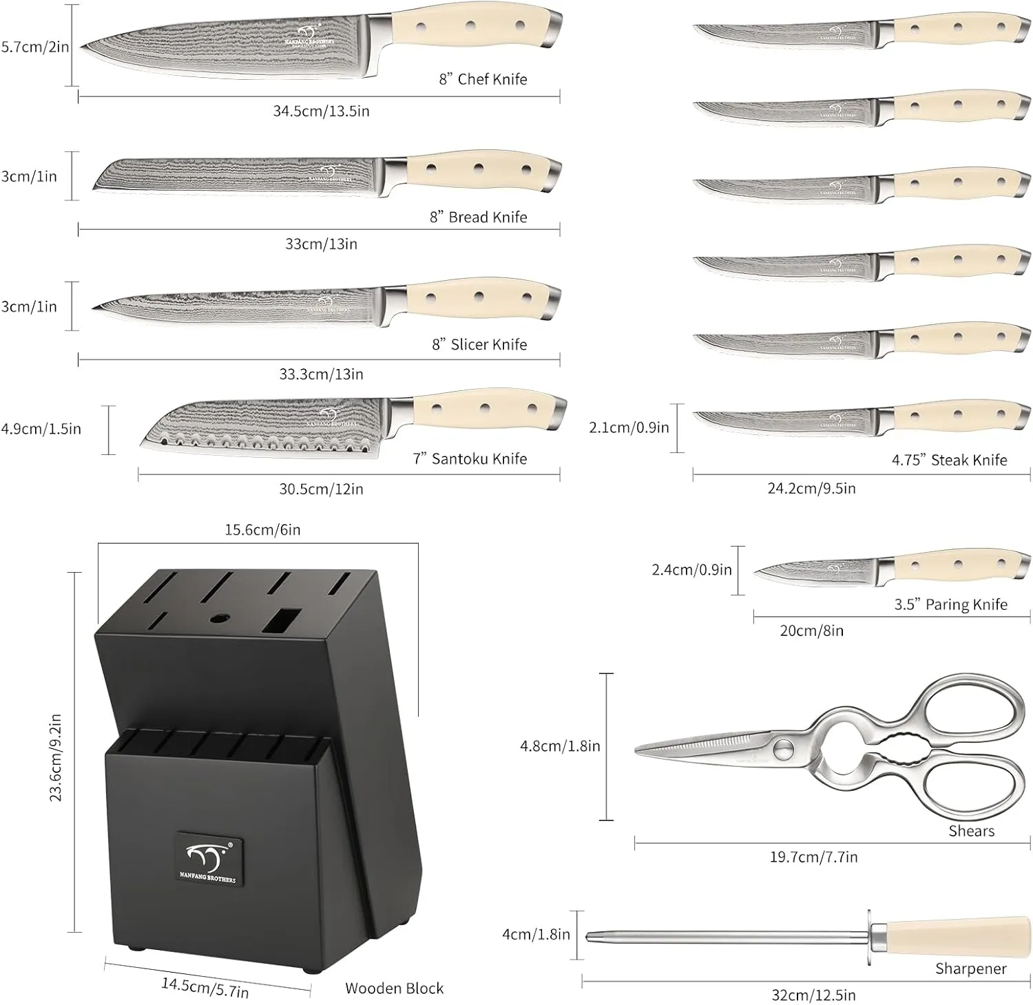 Damascus Kitchen Knife Set, 14 Pieces Kitchen Knife Set with Block, White ABS Ergonomic Handle for Chef Knife Set and Serrated Steak Knives Knife Sharpener and Kitchen Shears, Black Wooden Block