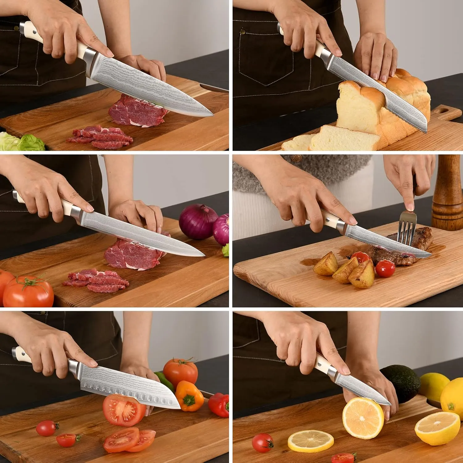 Damascus Kitchen Knife Set, 14 Pieces Kitchen Knife Set with Block, White ABS Ergonomic Handle for Chef Knife Set and Serrated Steak Knives Knife Sharpener and Kitchen Shears, Black Wooden Block