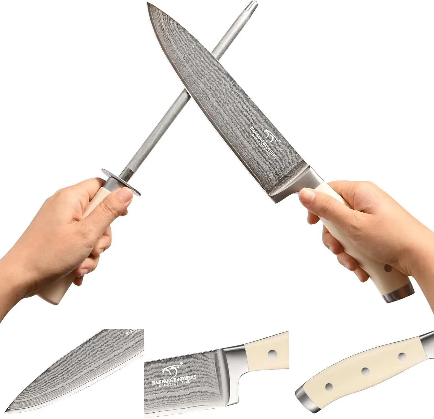 Damascus Kitchen Knife Set, 14 Pieces Kitchen Knife Set with Block, White ABS Ergonomic Handle for Chef Knife Set and Serrated Steak Knives Knife Sharpener and Kitchen Shears, Black Wooden Block