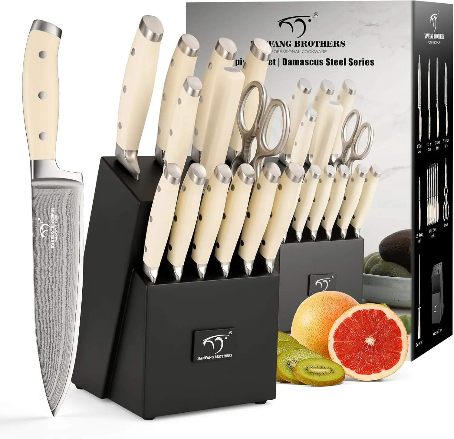 Damascus Kitchen Knife Set, 14 Pieces Kitchen Knife Set with Block, White ABS Ergonomic Handle for Chef Knife Set and Serrated Steak Knives Knife Sharpener and Kitchen Shears, Black Wooden Block