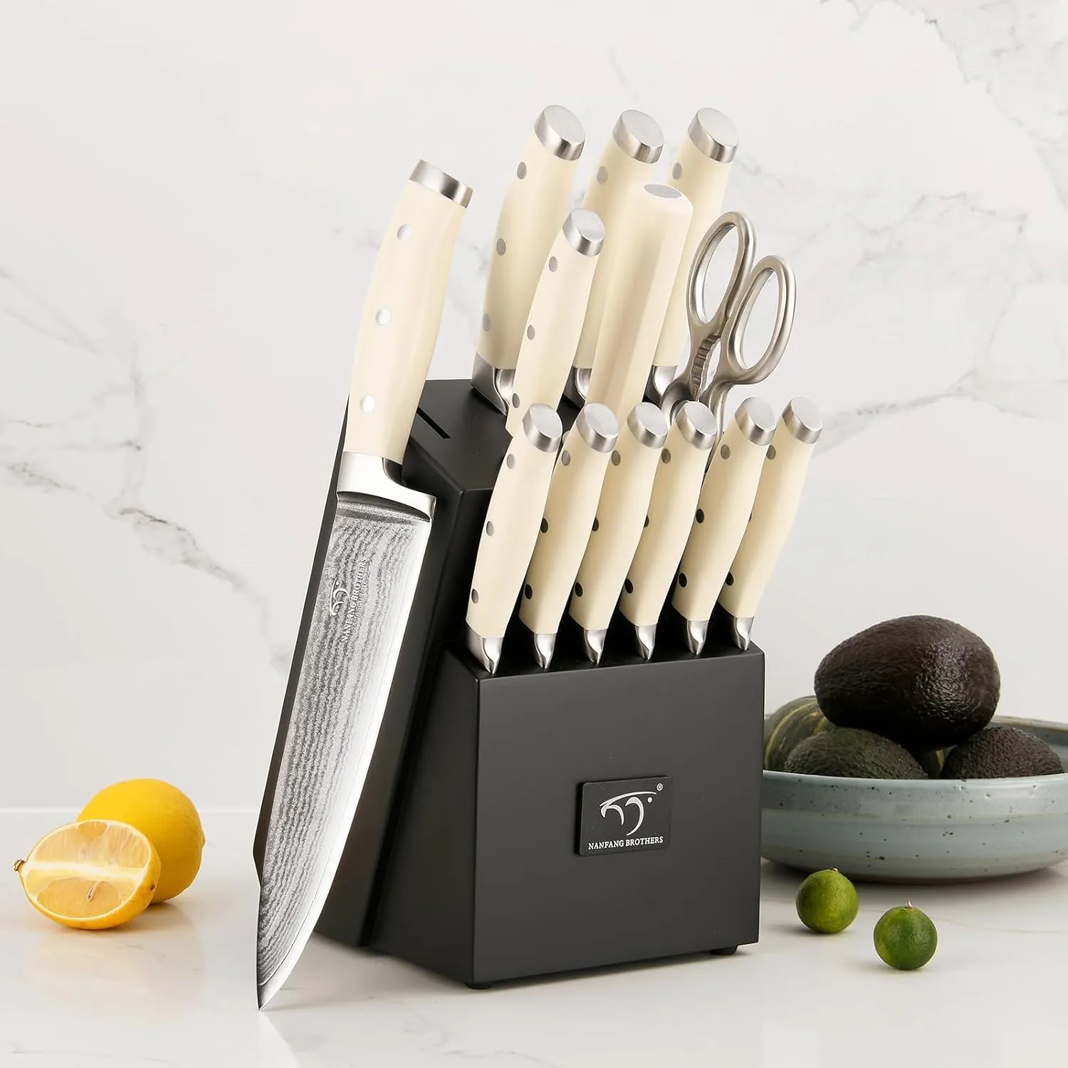 Damascus Kitchen Knife Set, 14 Pieces Kitchen Knife Set with Block, White ABS Ergonomic Handle for Chef Knife Set and Serrated Steak Knives Knife Sharpener and Kitchen Shears, Black Wooden Block