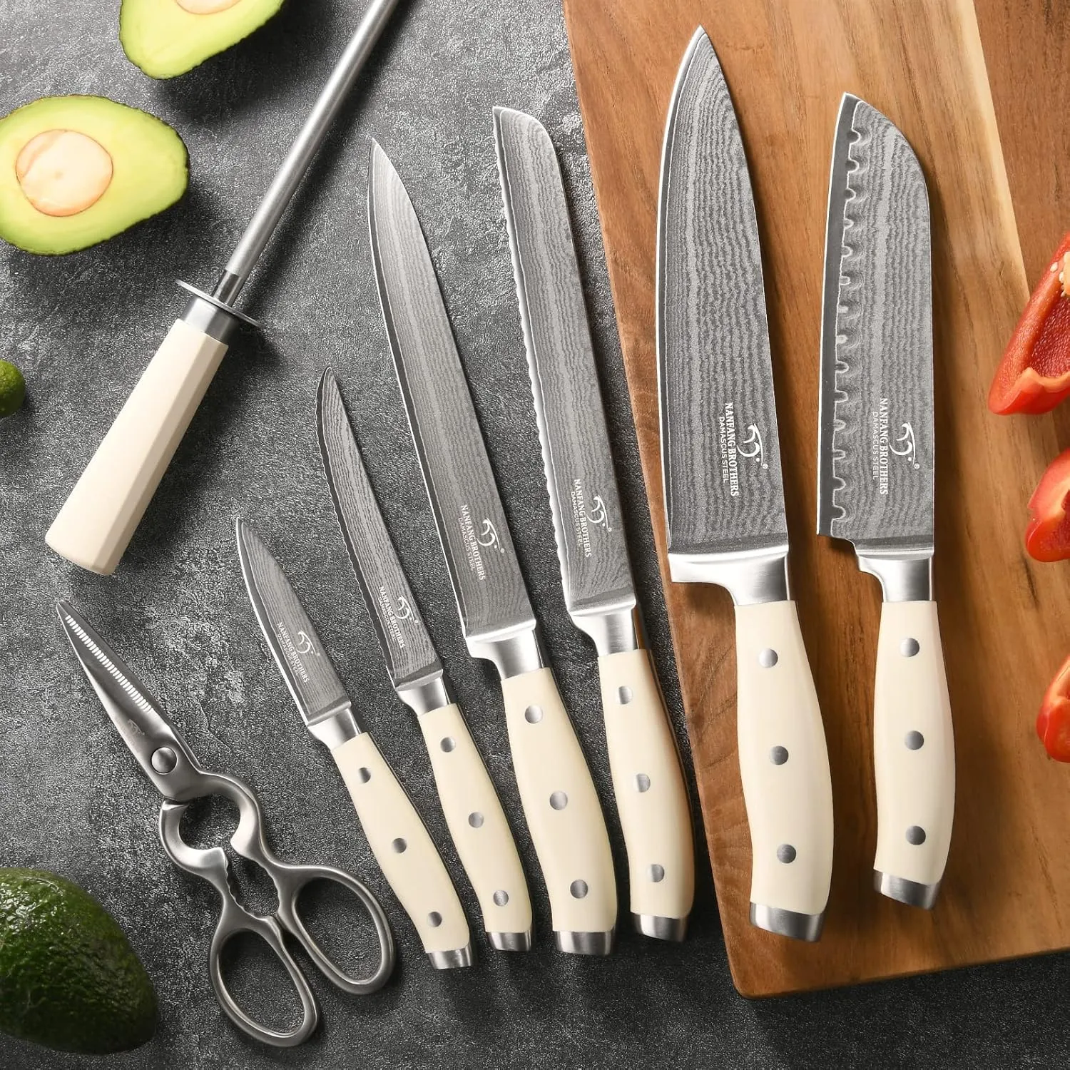 Damascus Kitchen Knife Set, 14 Pieces Kitchen Knife Set with Block, White ABS Ergonomic Handle for Chef Knife Set and Serrated Steak Knives Knife Sharpener and Kitchen Shears, Black Wooden Block