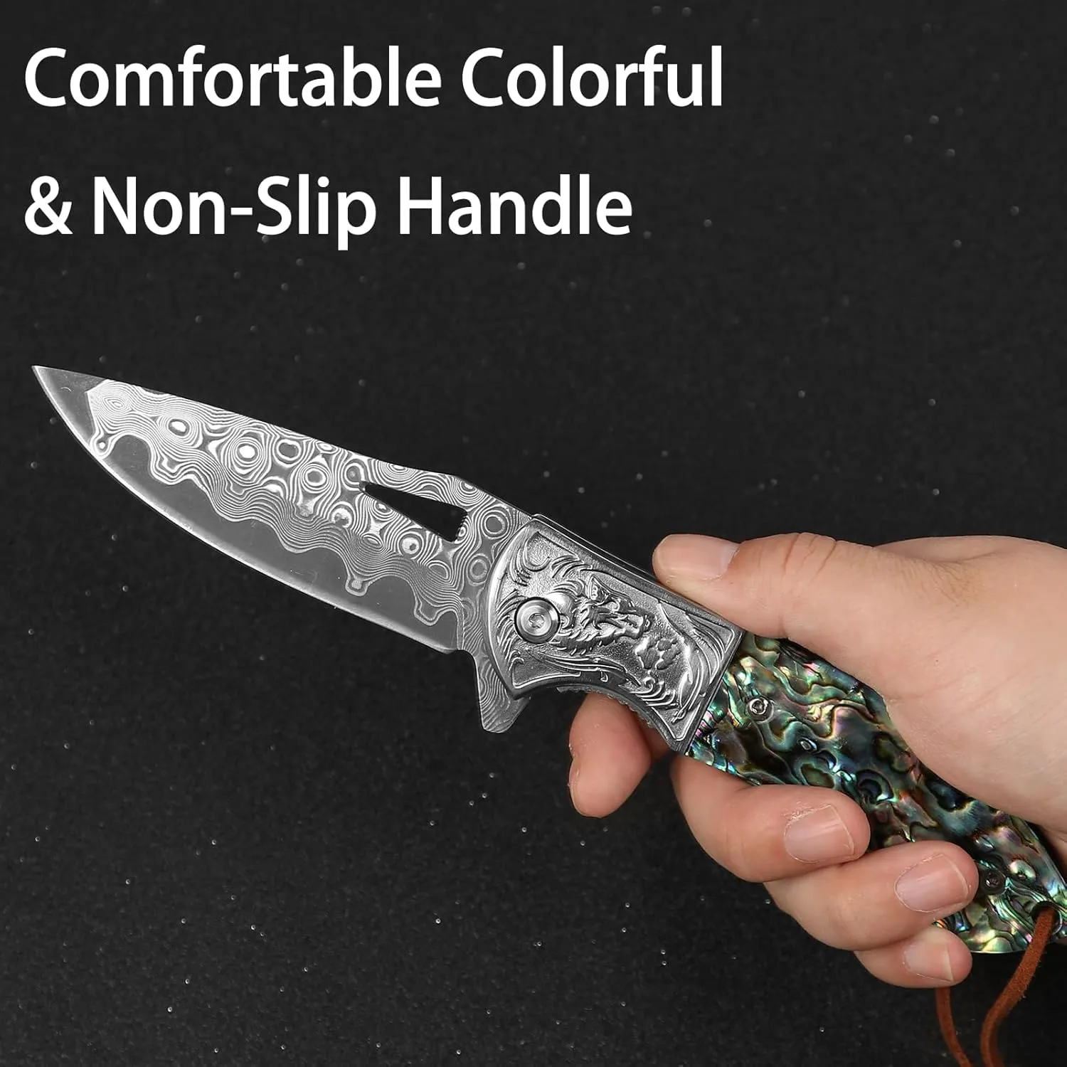 Damascus Pocket Knife, Abalone Handle 7.8" Sharp Folding EDC Knife Men Outdoor Camping Hiking Indoor Tool,Ideal Gifts for Women Men