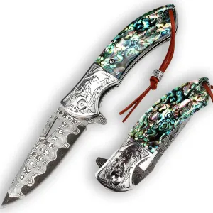 Damascus Pocket Knife, Abalone Handle 7.8" Sharp Folding EDC Knife Men Outdoor Camping Hiking Indoor Tool,Ideal Gifts for Women Men