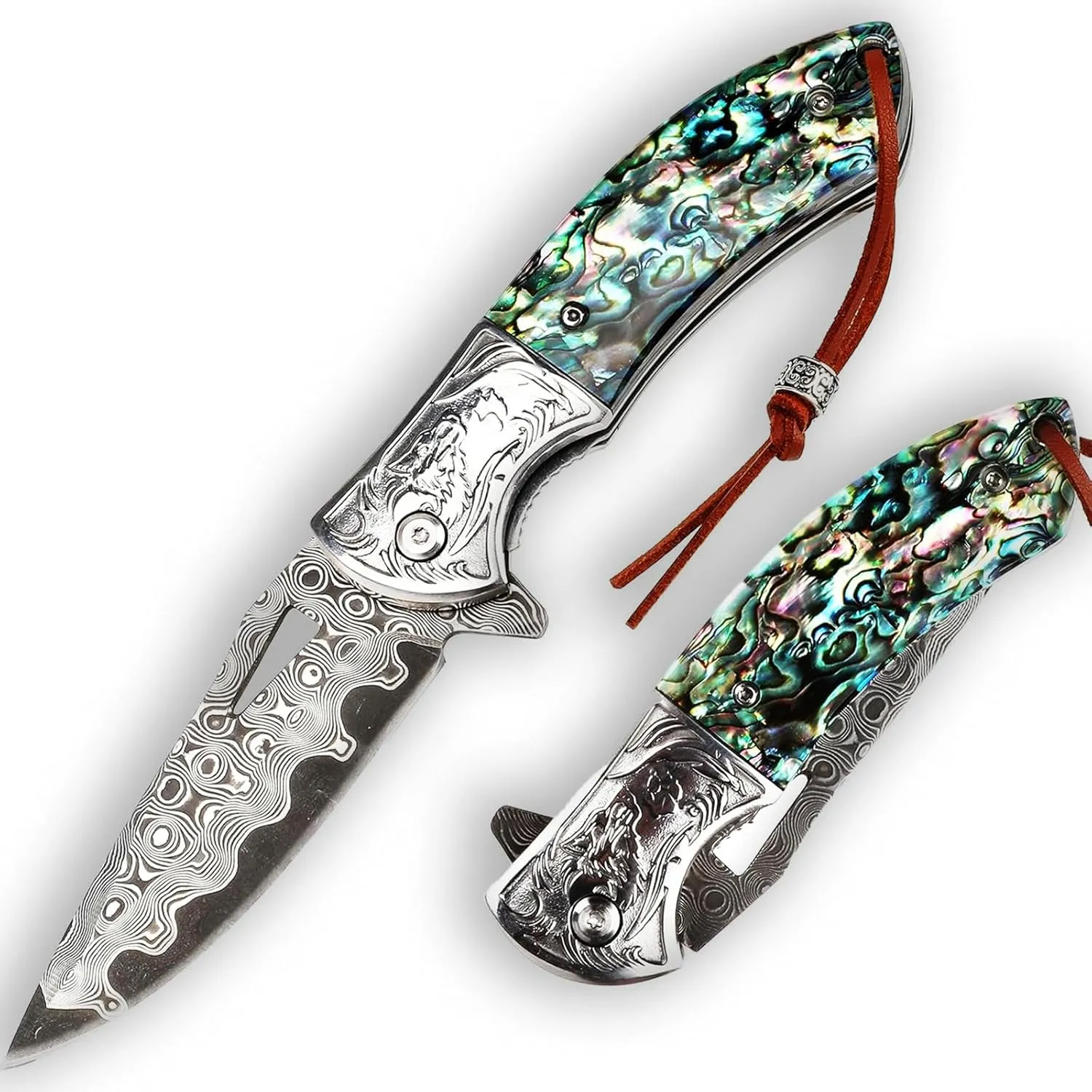 Damascus Pocket Knife, Abalone Handle 7.8" Sharp Folding EDC Knife Men Outdoor Camping Hiking Indoor Tool,Ideal Gifts for Women Men