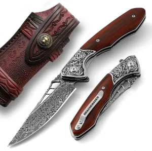 Damascus Pocket Knife for Men with Clip and Leather Sheath, Handcrafted 67-Layer Damascus Steel Folding knife Gentleman's Knives Slim, Wood Handle