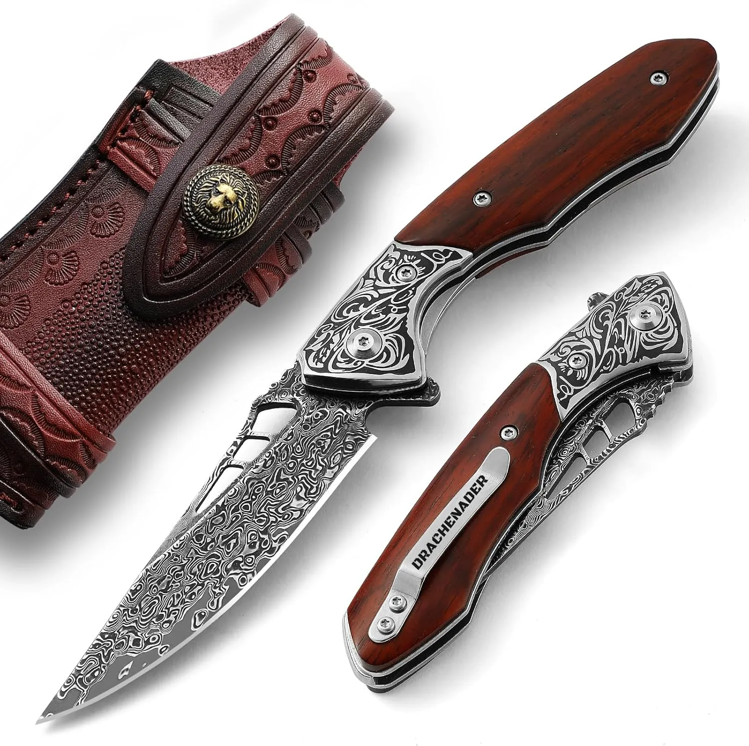 Damascus Pocket Knife for Men with Clip and Leather Sheath, Handcrafted 67-Layer Damascus Steel Folding knife Gentleman's Knives Slim, Wood Handle