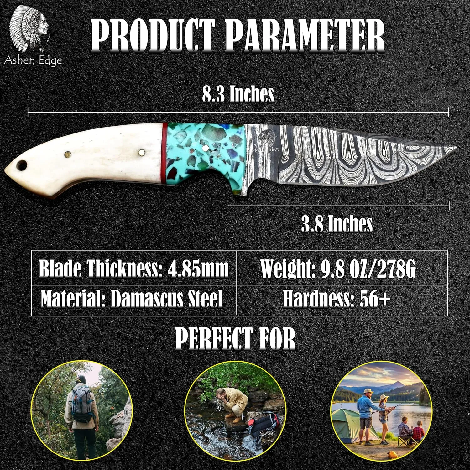 Damascus Steel 3.8" Hunting Knife | Lightweight 8.3" Total Length with 4.5" Ergonomic Handle & Printed Sheath | Premium Tool for Camping, Hiking, and Outdoor Adventures