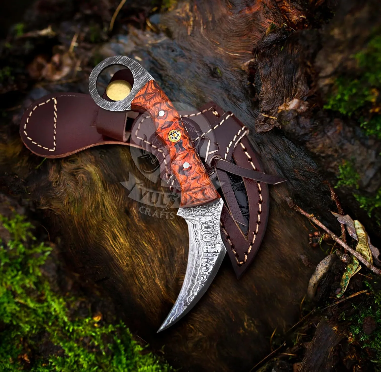 Damascus steel Handmade hunting Knife, Survival claw Tactical teeth Knife Double edged sharp, Fixed Blade Knife With Sheath, Curved knife (Orange-karam) (Orange Black karam)
