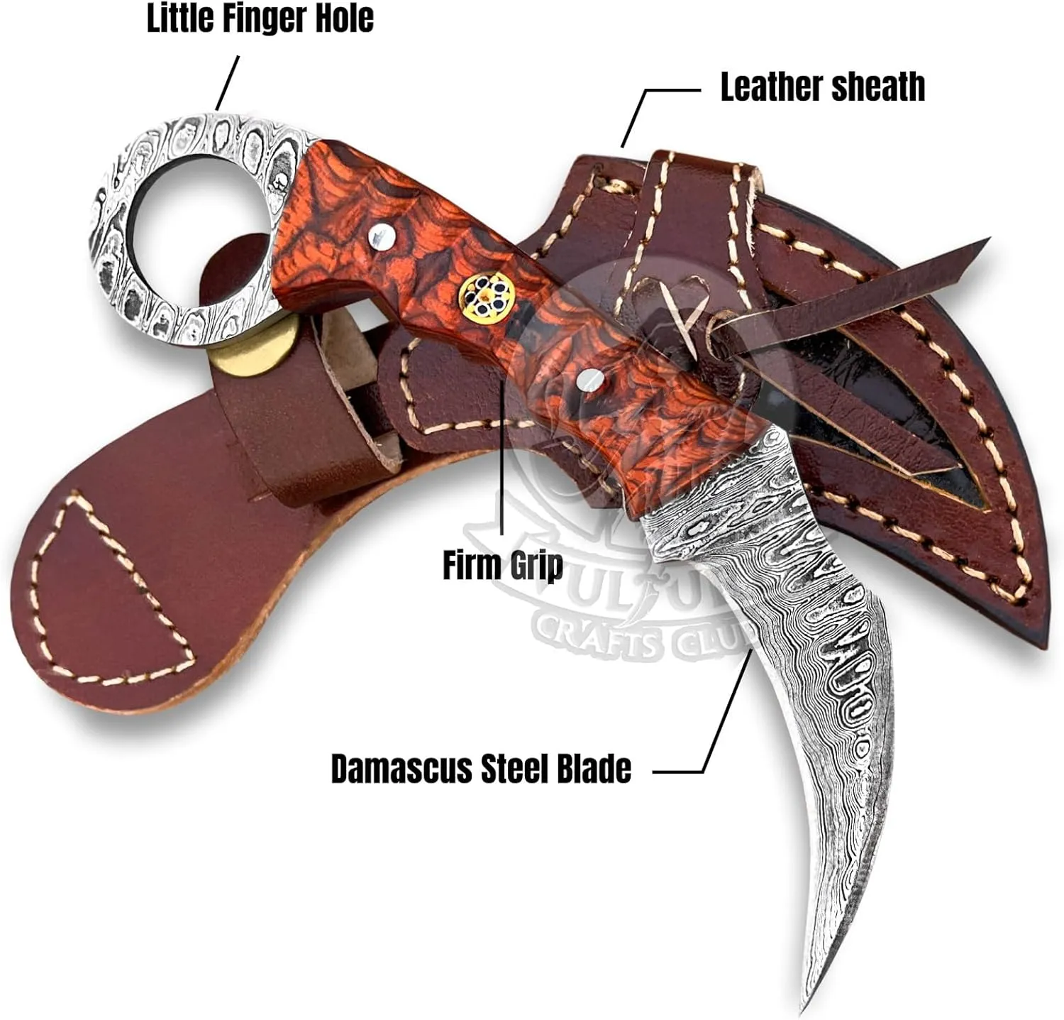 Damascus steel Handmade hunting Knife, Survival claw Tactical teeth Knife Double edged sharp, Fixed Blade Knife With Sheath, Curved knife (Orange-karam) (Orange Black karam)