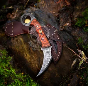 Damascus steel Handmade hunting Knife, Survival claw Tactical teeth Knife Double edged sharp, Fixed Blade Knife With Sheath, Curved knife (Orange-karam) (Orange Black karam)