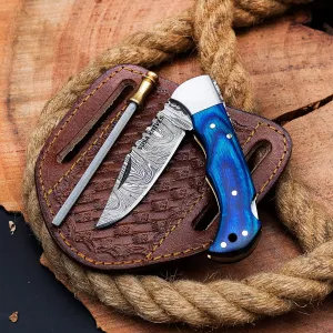Damascus Steel Pocket Folding Knife Handmade Pocket Knives for Outdoor, Camping Hiking Back Lock Blade EDC knife Unique gift pancake leather sheath (BLUE)