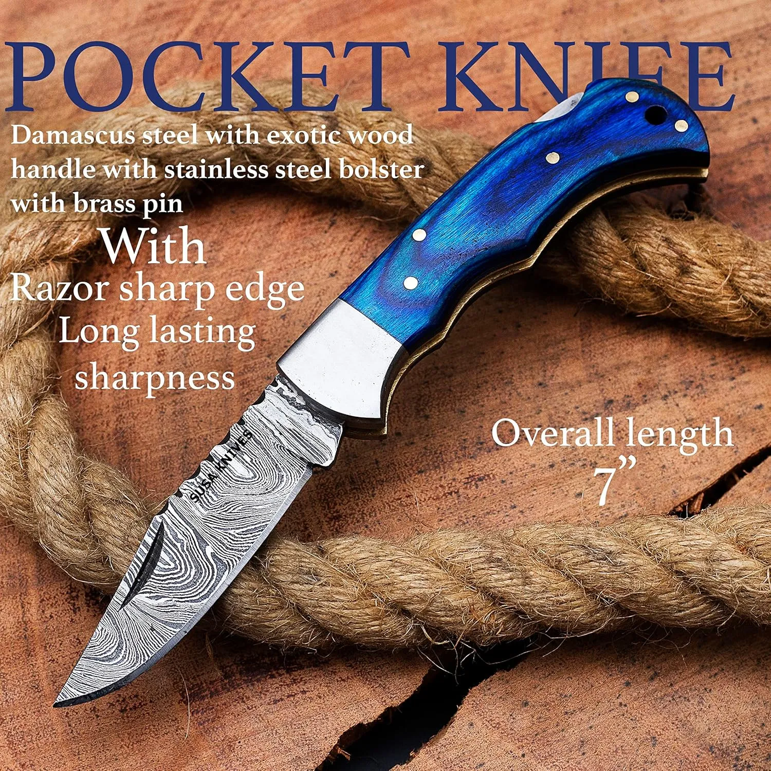 Damascus Steel Pocket Folding Knife Handmade Pocket Knives for Outdoor, Camping Hiking Back Lock Blade EDC knife Unique gift pancake leather sheath (BLUE)