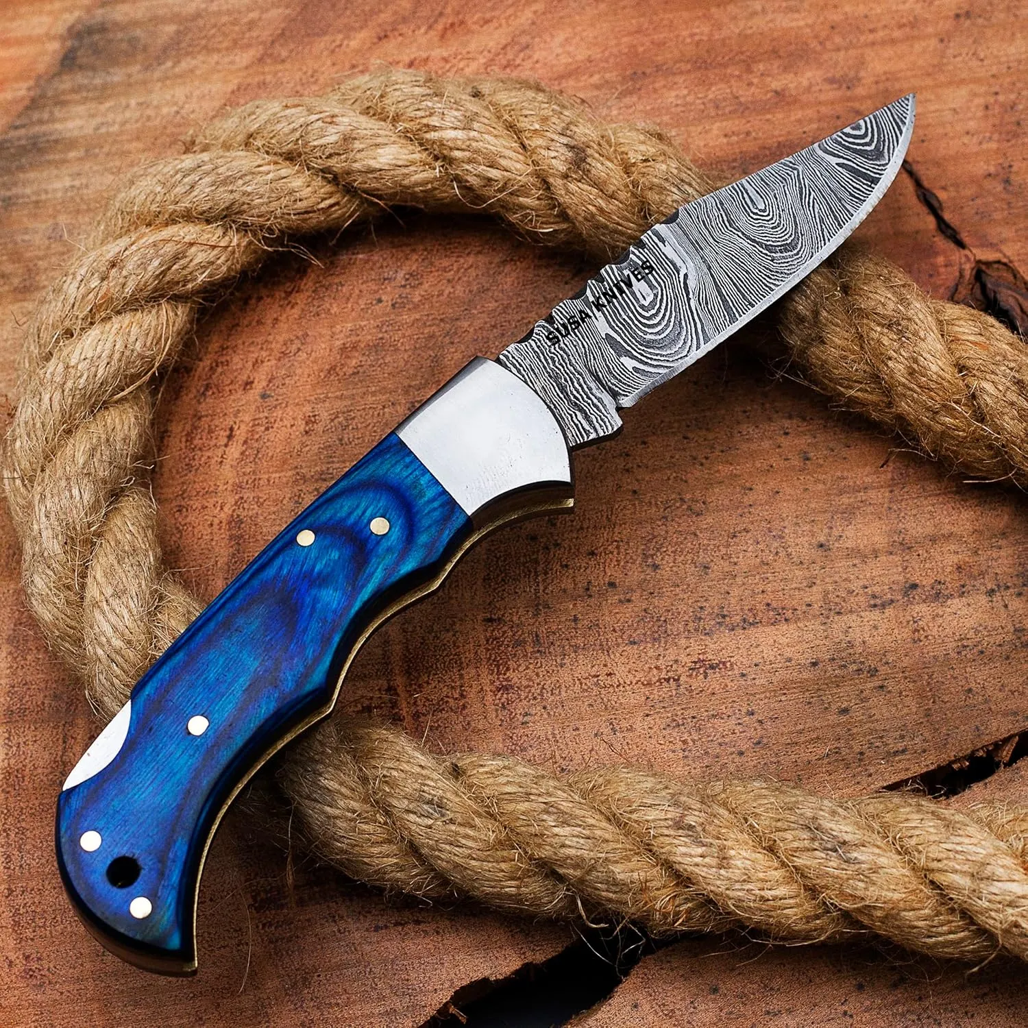 Damascus Steel Pocket Folding Knife Handmade Pocket Knives for Outdoor, Camping Hiking Back Lock Blade EDC knife Unique gift pancake leather sheath (BLUE)