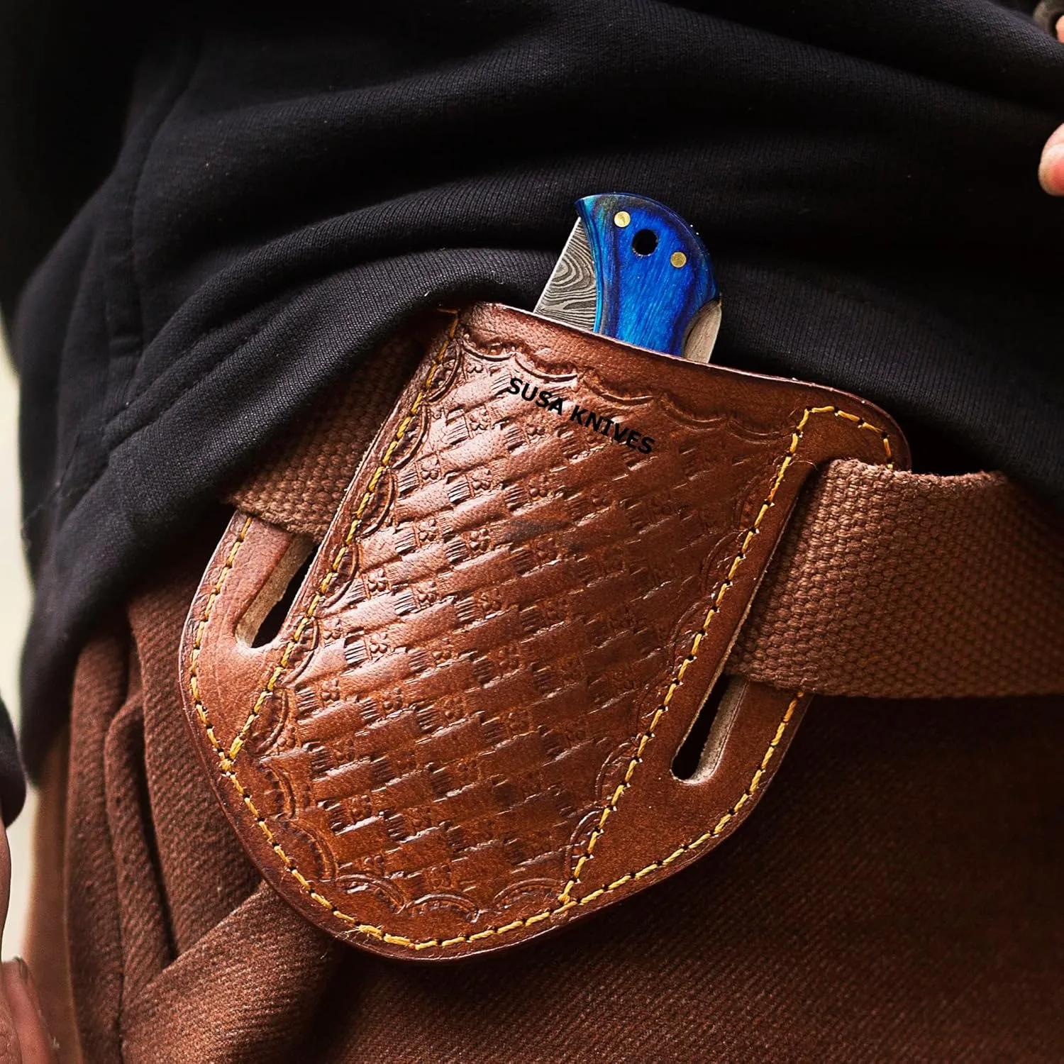 Damascus Steel Pocket Folding Knife Handmade Pocket Knives for Outdoor, Camping Hiking Back Lock Blade EDC knife Unique gift pancake leather sheath (BLUE)