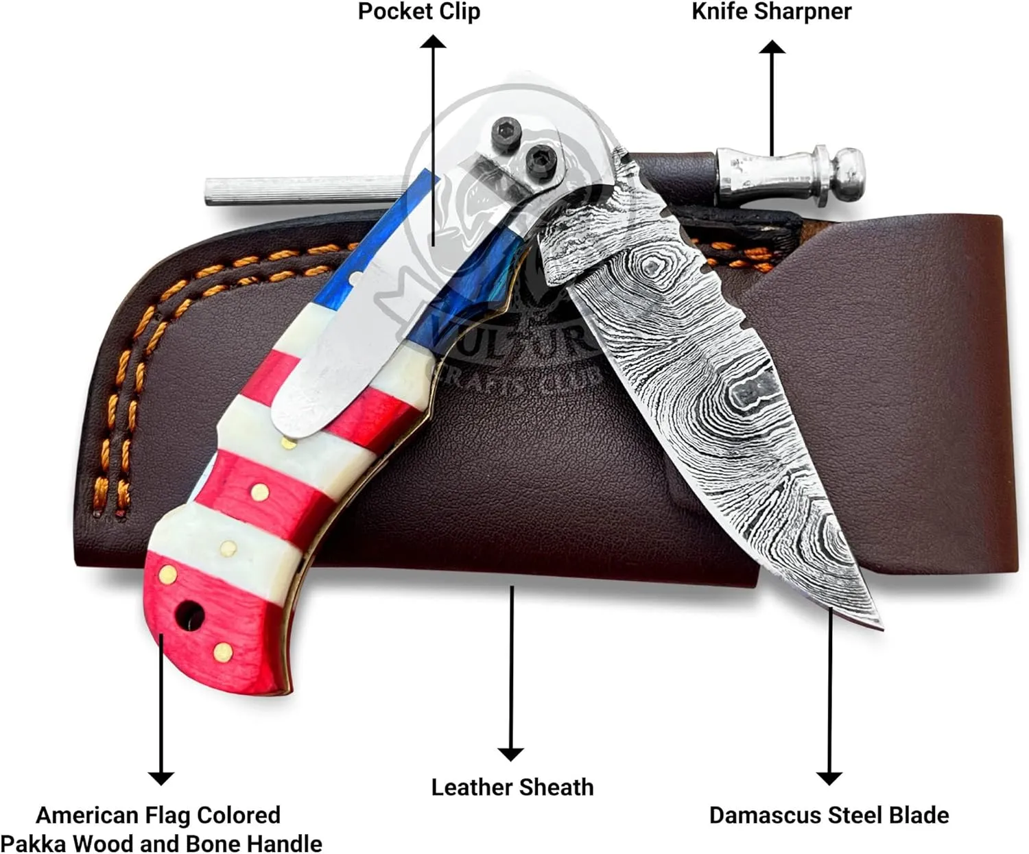 Damascus Steel Pocket Knife with Clip and Leather Sheath - EDC Knife for Outdoor and Camping Activities, Handmade Folding Knife, Free knife Sharpner (American Flag handle) (American Flag Handle)