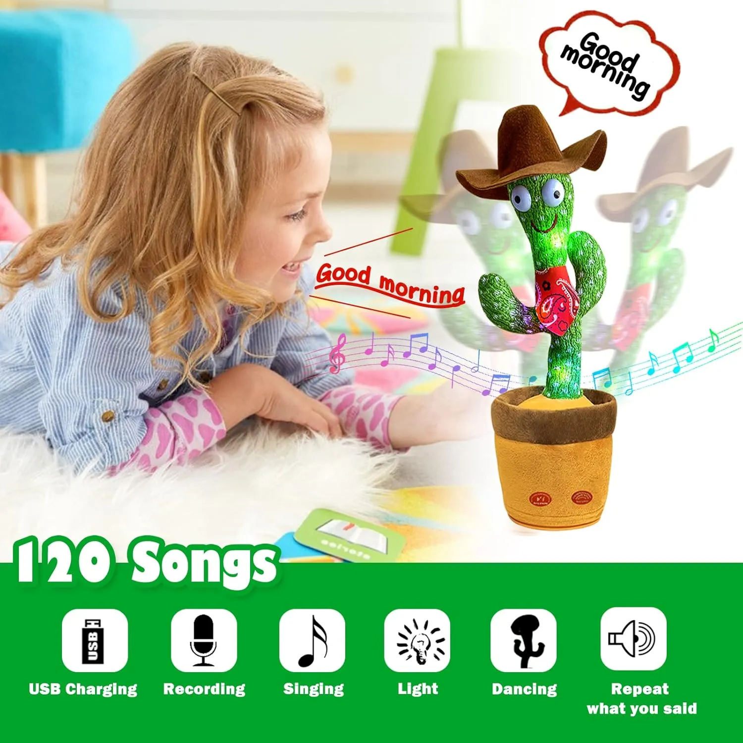 Dancing Cactus, Talking Cactus Toy, Repeats What You Say Electronic Dancing Toy with Lighting Recording Mimicking CactusToy, Electronic Plush Singing Baby Toy for Kids (Cowboy)