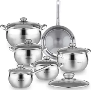 Daniks Classic 12-Piece Stainless Steel Induction Cookware Set – Dishwasher Safe Saucepan, Frying Pan, and Pots with Lids, Measuring Scale, Silver