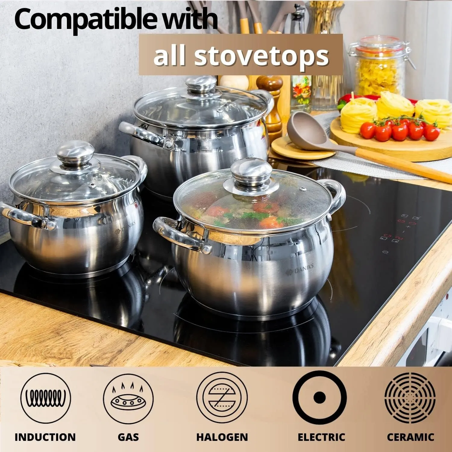 Daniks Classic 12-Piece Stainless Steel Induction Cookware Set – Dishwasher Safe Saucepan, Frying Pan, and Pots with Lids, Measuring Scale, Silver