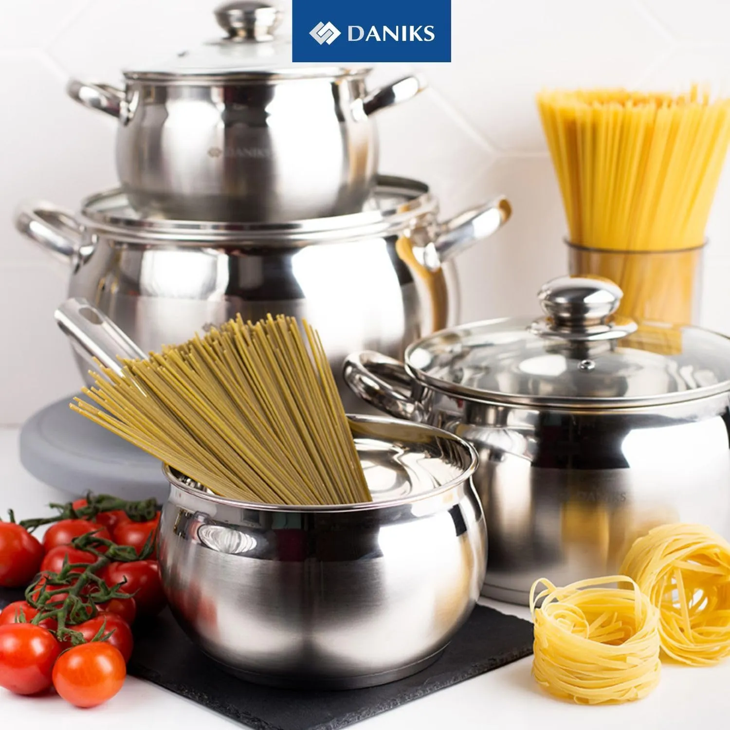 Daniks Classic 12-Piece Stainless Steel Induction Cookware Set – Dishwasher Safe Saucepan, Frying Pan, and Pots with Lids, Measuring Scale, Silver