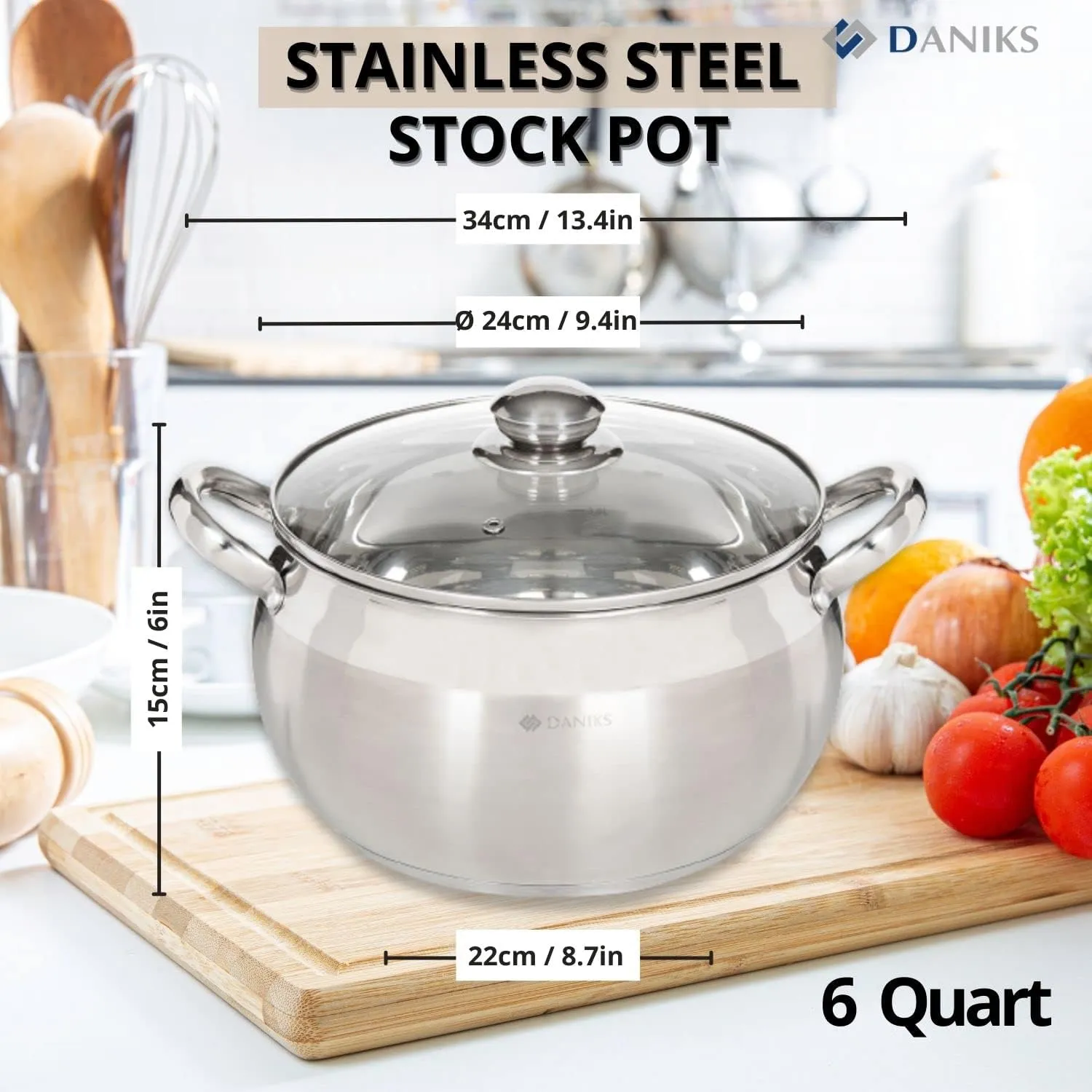 Daniks Classic Stainless Steel Stock Pot with Glass Lid – Induction 6 Quart, Dishwasher Safe, Measuring Scale, For Soup, Pasta, Stew, Silver