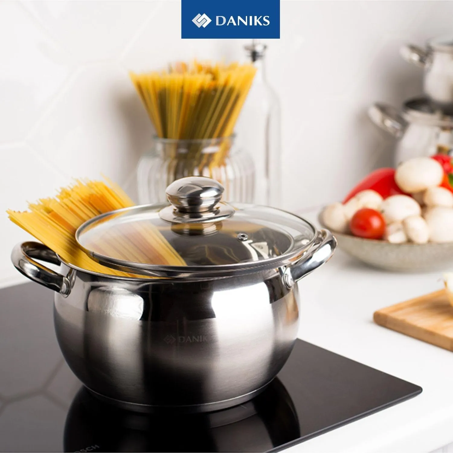 Daniks Classic Stainless Steel Stock Pot with Glass Lid – Induction 6 Quart, Dishwasher Safe, Measuring Scale, For Soup, Pasta, Stew, Silver