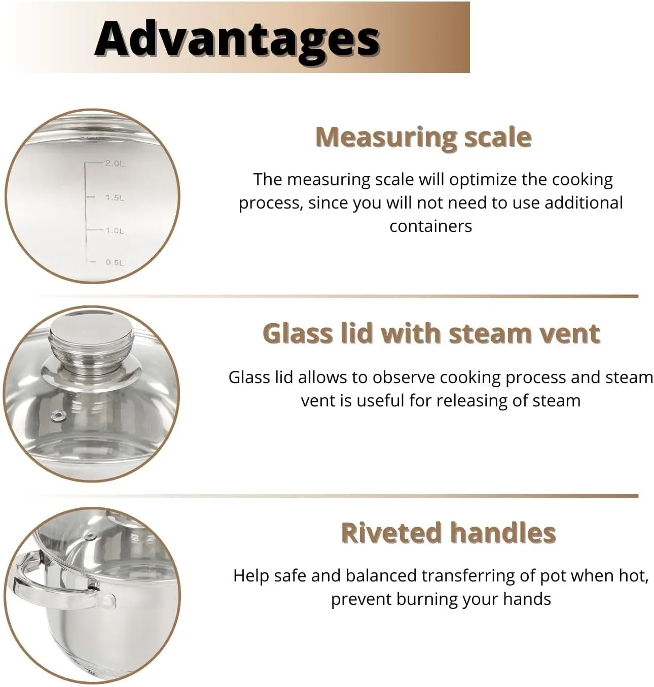 Daniks Standard Stainless Steel Stock Pot with Glass Lid – Induction 7 Quart, Dishwasher Safe, Measuring Scale, For Soup, Pasta, Stew, Silver