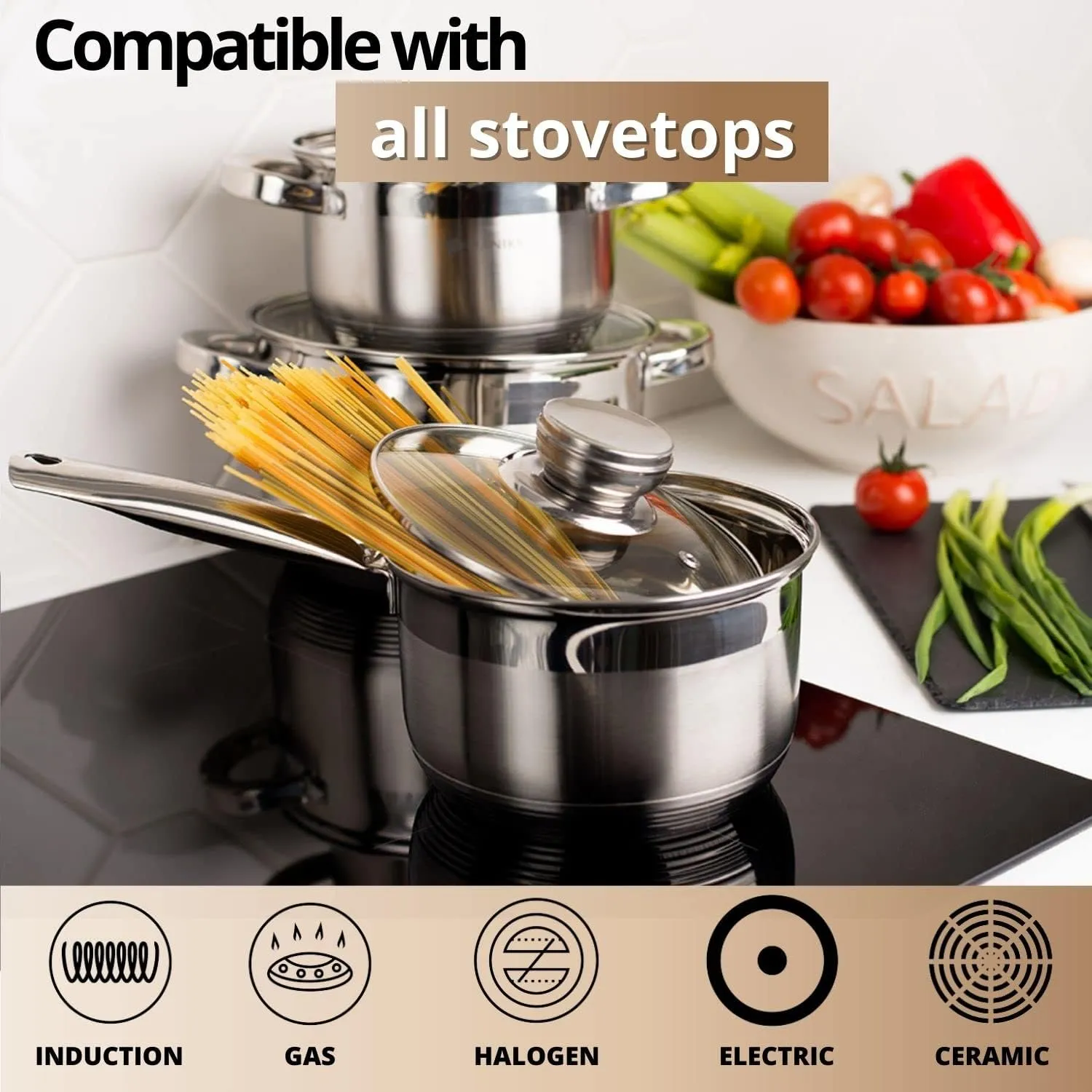 Daniks Standard Stainless Steel Stock Pot with Glass Lid – Induction 7 Quart, Dishwasher Safe, Measuring Scale, For Soup, Pasta, Stew, Silver