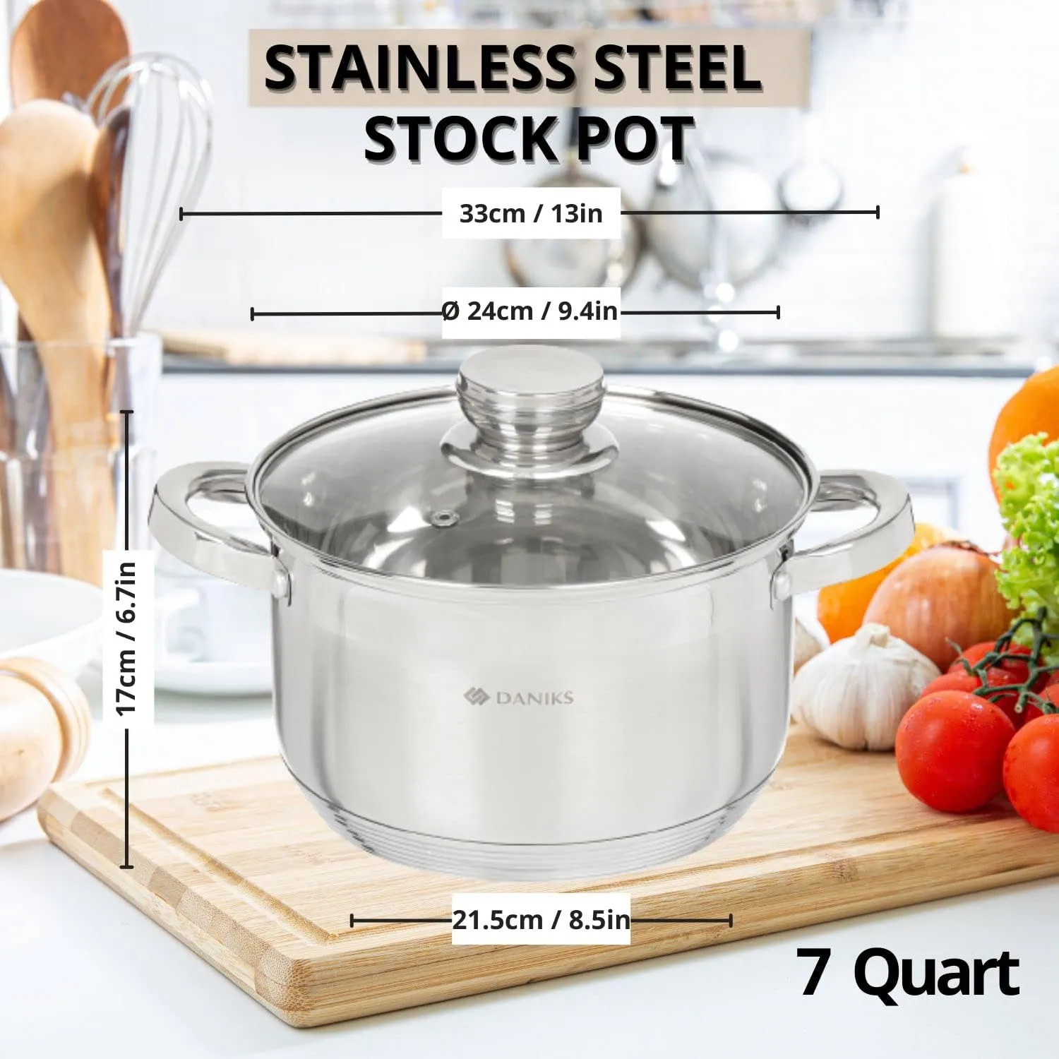 Daniks Standard Stainless Steel Stock Pot with Glass Lid – Induction 7 Quart, Dishwasher Safe, Measuring Scale, For Soup, Pasta, Stew, Silver