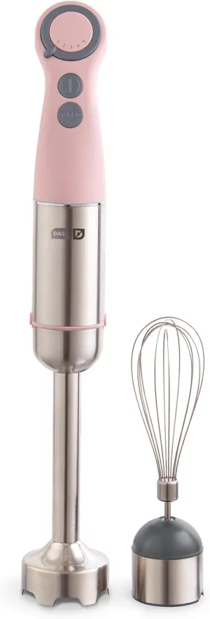 Dash Chef Series Immersion Hand Blender, 5 Speed Stick Blender with Stainless Steel Blades, Whisk Attachment and Recipe Guide – Pink
