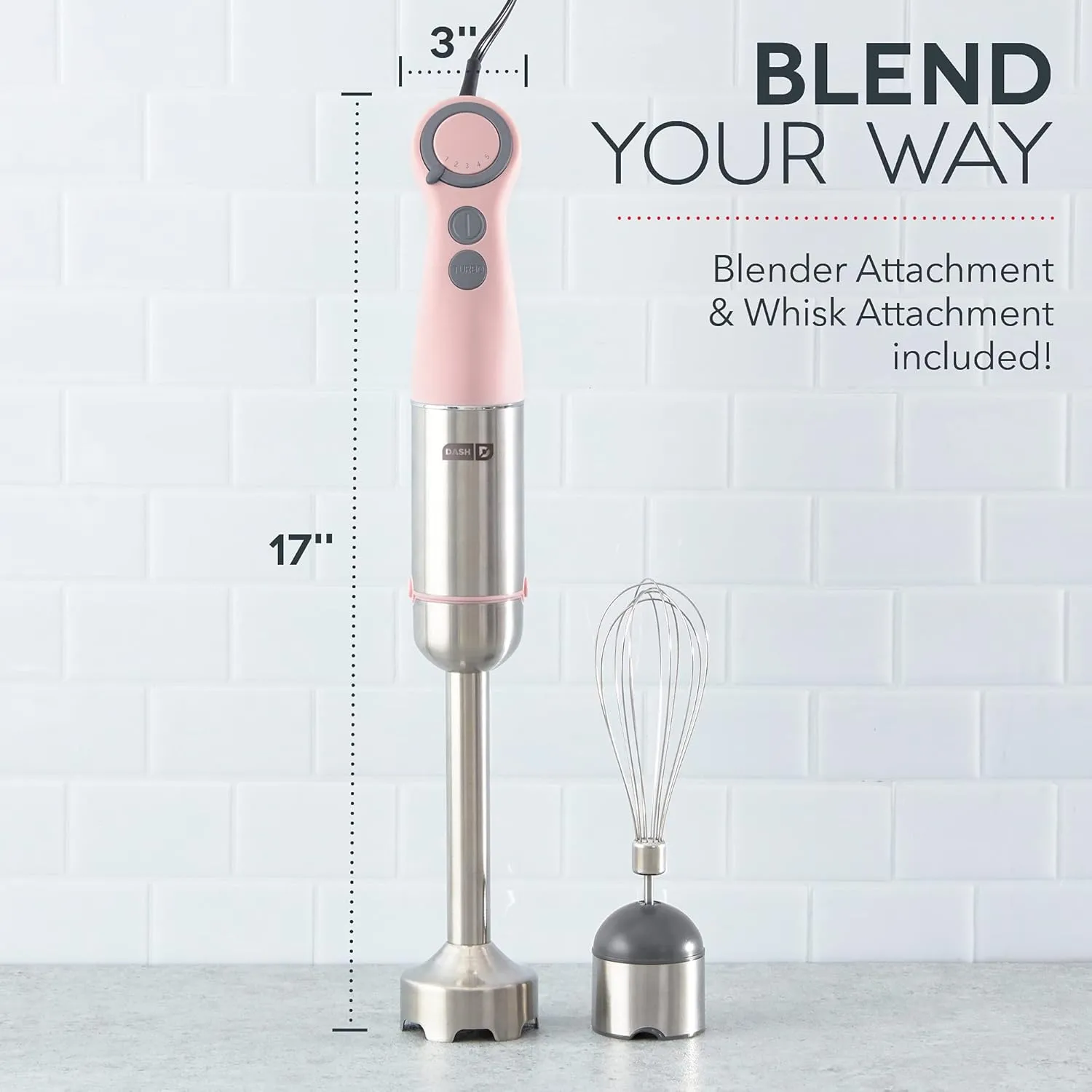 Dash Chef Series Immersion Hand Blender, 5 Speed Stick Blender with Stainless Steel Blades, Whisk Attachment and Recipe Guide – Pink