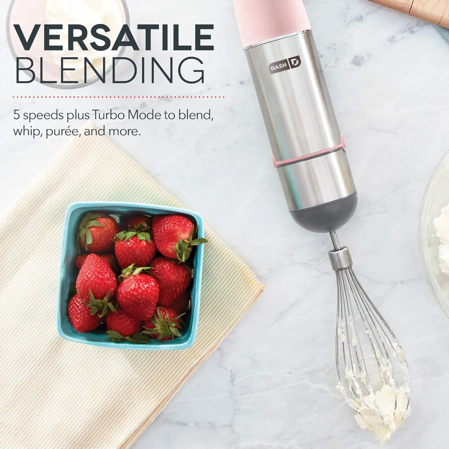 Dash Chef Series Immersion Hand Blender, 5 Speed Stick Blender with Stainless Steel Blades, Whisk Attachment and Recipe Guide – Pink