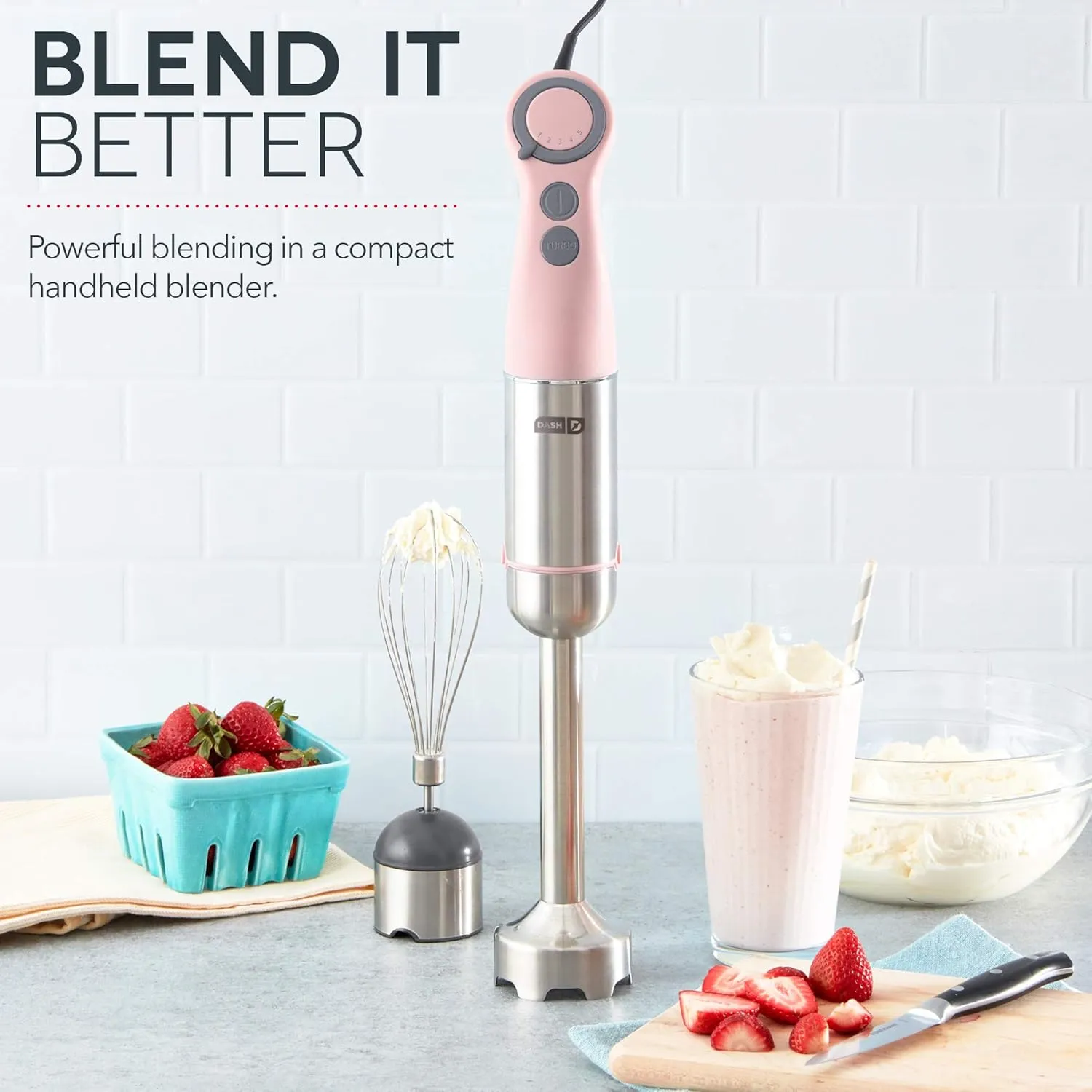 Dash Chef Series Immersion Hand Blender, 5 Speed Stick Blender with Stainless Steel Blades, Whisk Attachment and Recipe Guide – Pink