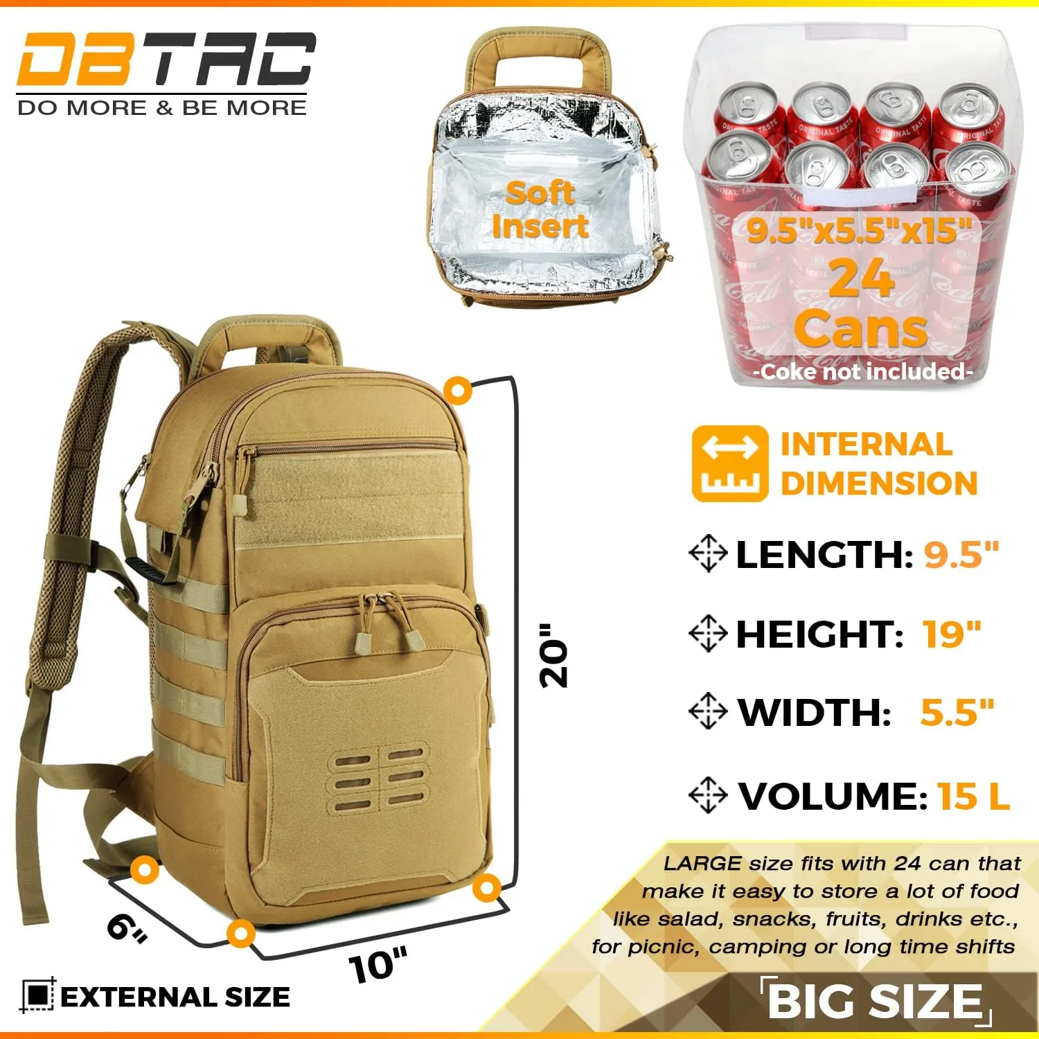 DBTAC Tactical Lunch Backpack, Large Lunch Cooler for Men Women | Backpack Coolers insulated for Work Picnic Travel (Tan, 24-Cans)