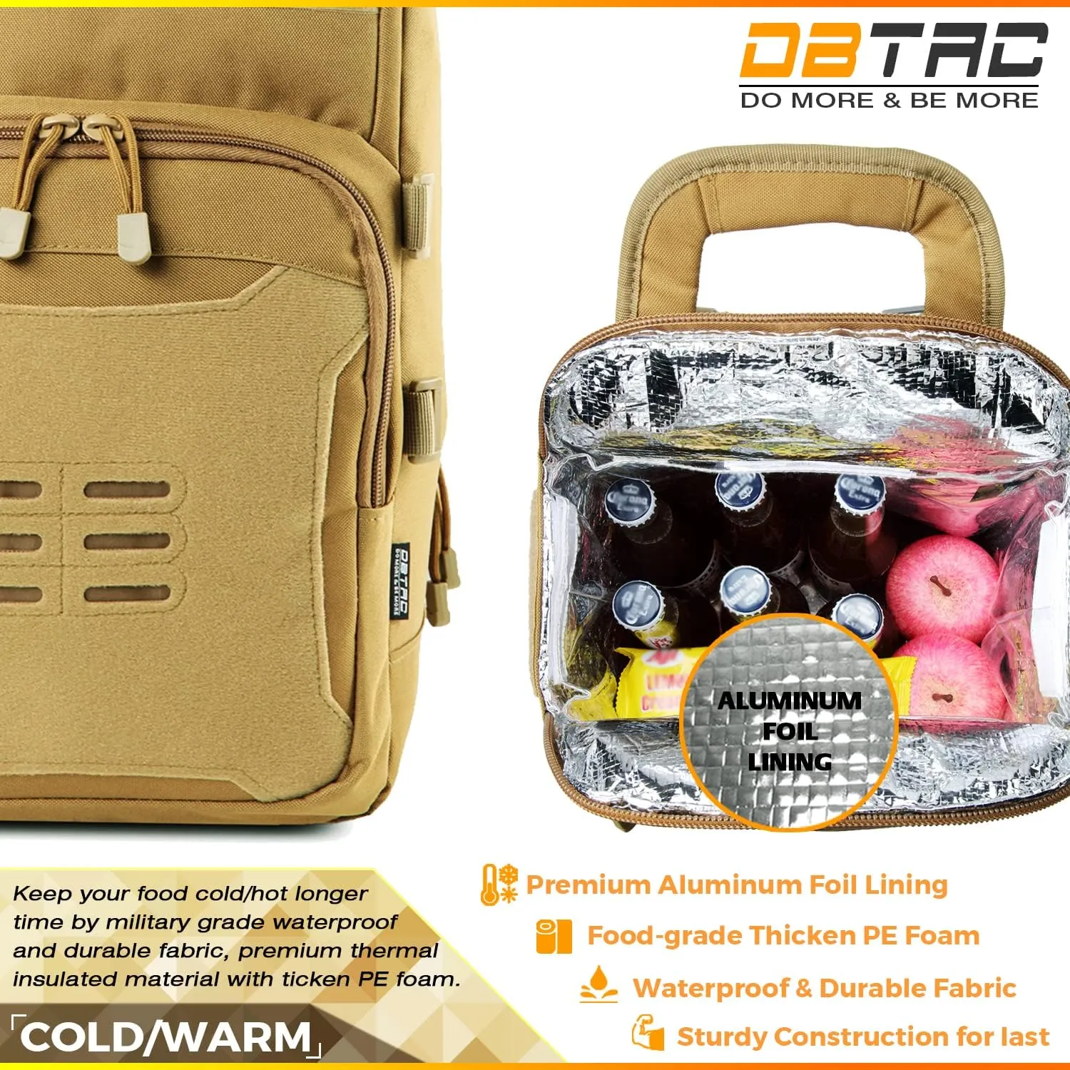 DBTAC Tactical Lunch Backpack, Large Lunch Cooler for Men Women | Backpack Coolers insulated for Work Picnic Travel (Tan, 24-Cans)