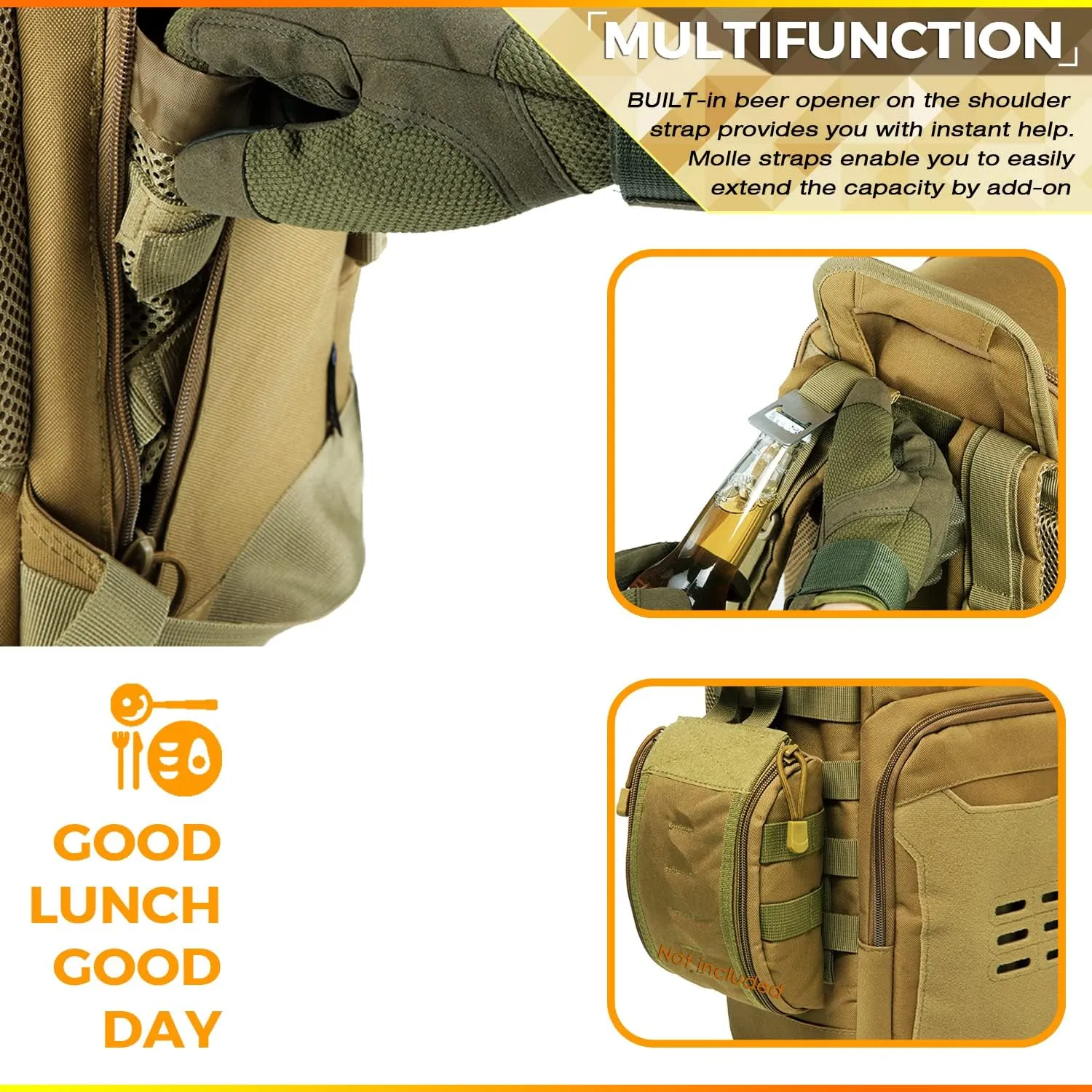DBTAC Tactical Lunch Backpack, Large Lunch Cooler for Men Women | Backpack Coolers insulated for Work Picnic Travel (Tan, 24-Cans)