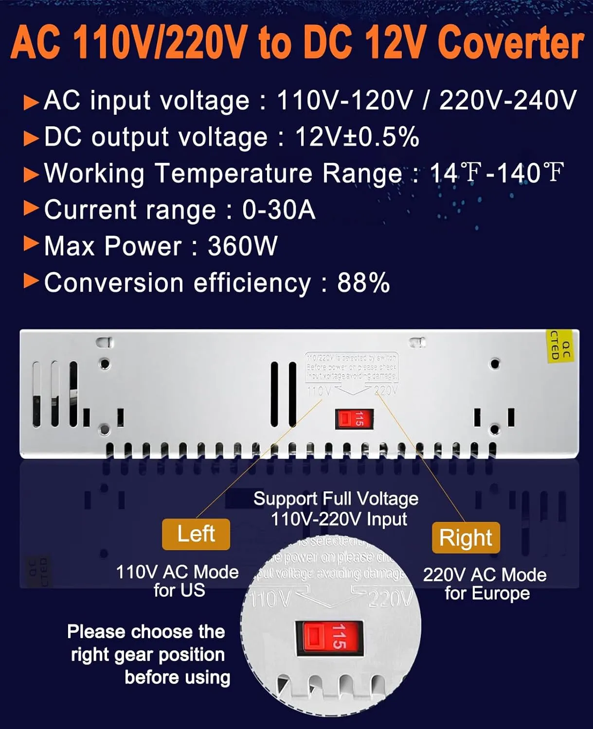 DC 12V 30A Power Supply 360W Universal Regulated Switching AC to DC Converter AC 110V/220V (SMPS) Transformer Driver Adapter for LED Strip Light, CCTV Camera Security System, Radio, Computer Project