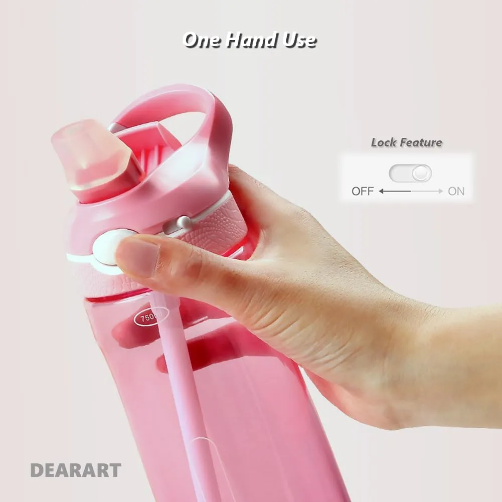 DEARART 2-Pack 24oz Light Blue & Pink Water Bottles With Straw, Leakproof BPA FREE Hidden Nozzle, Flip Up Lid Has Handle Wide Bottle Easy Clear, Suit Office Yoga Outdoor Sports Travel Gym.