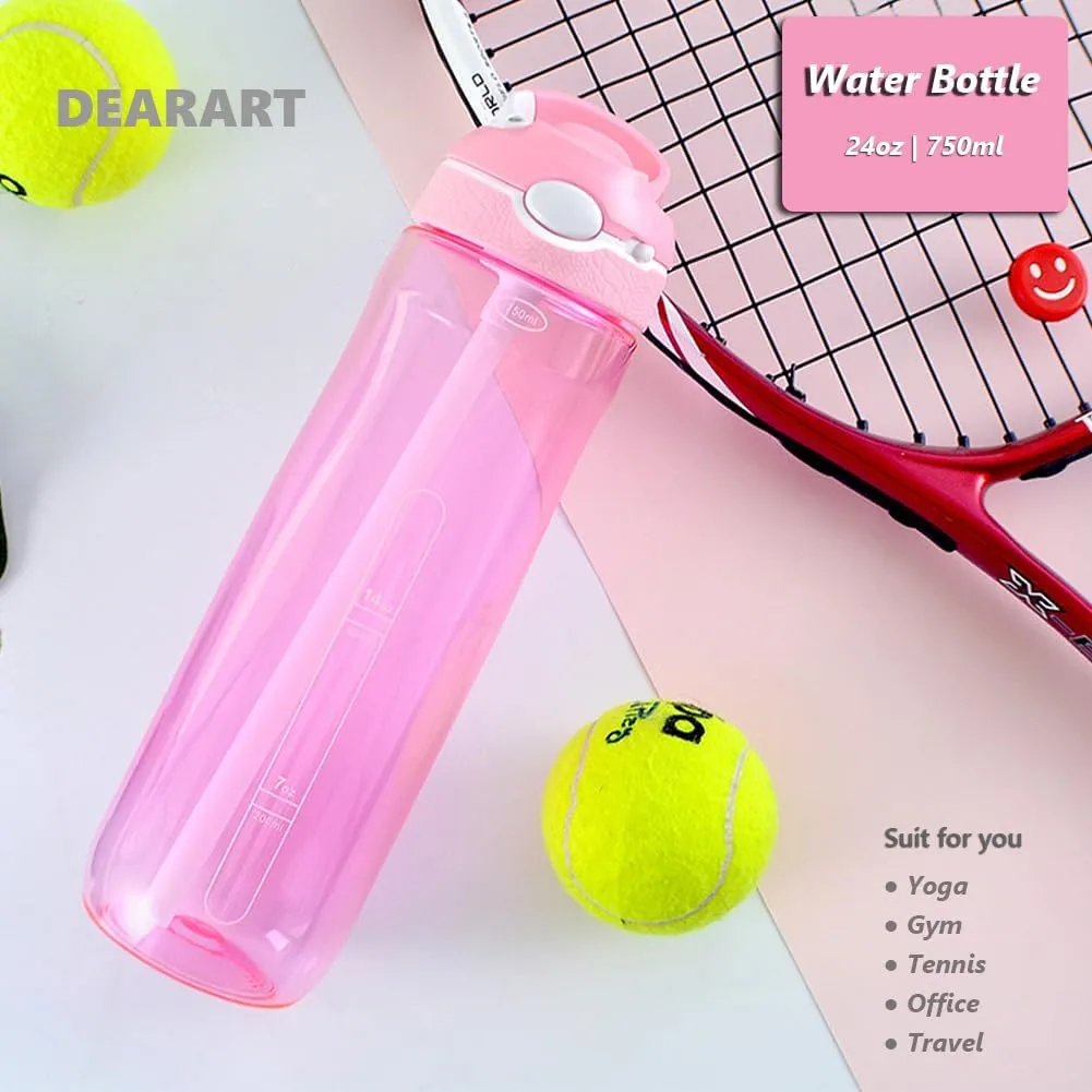 DEARART 2-Pack 24oz Light Blue & Pink Water Bottles With Straw, Leakproof BPA FREE Hidden Nozzle, Flip Up Lid Has Handle Wide Bottle Easy Clear, Suit Office Yoga Outdoor Sports Travel Gym.