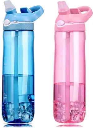 DEARART 2-Pack 24oz Light Blue & Pink Water Bottles With Straw, Leakproof BPA FREE Hidden Nozzle, Flip Up Lid Has Handle Wide Bottle Easy Clear, Suit Office Yoga Outdoor Sports Travel Gym.