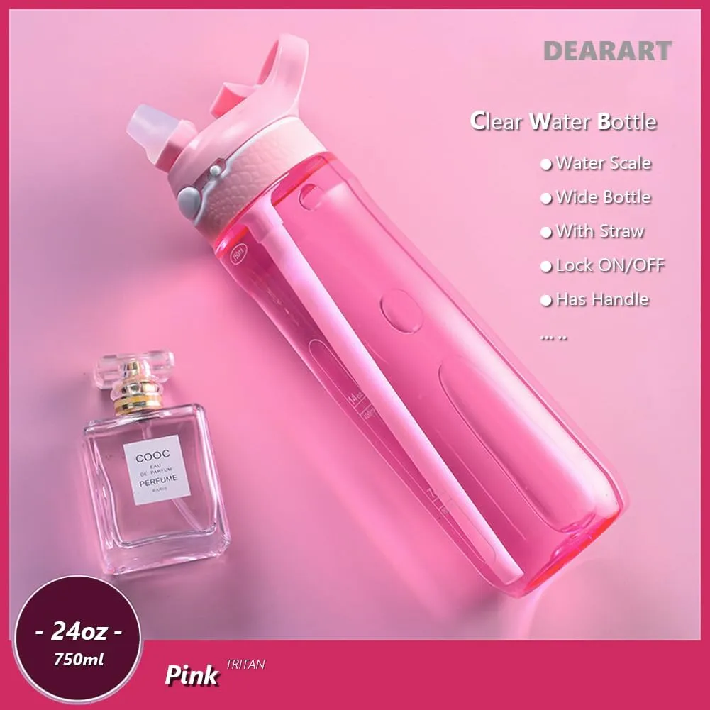DEARART 2-Pack 24oz Light Blue & Pink Water Bottles With Straw, Leakproof BPA FREE Hidden Nozzle, Flip Up Lid Has Handle Wide Bottle Easy Clear, Suit Office Yoga Outdoor Sports Travel Gym.